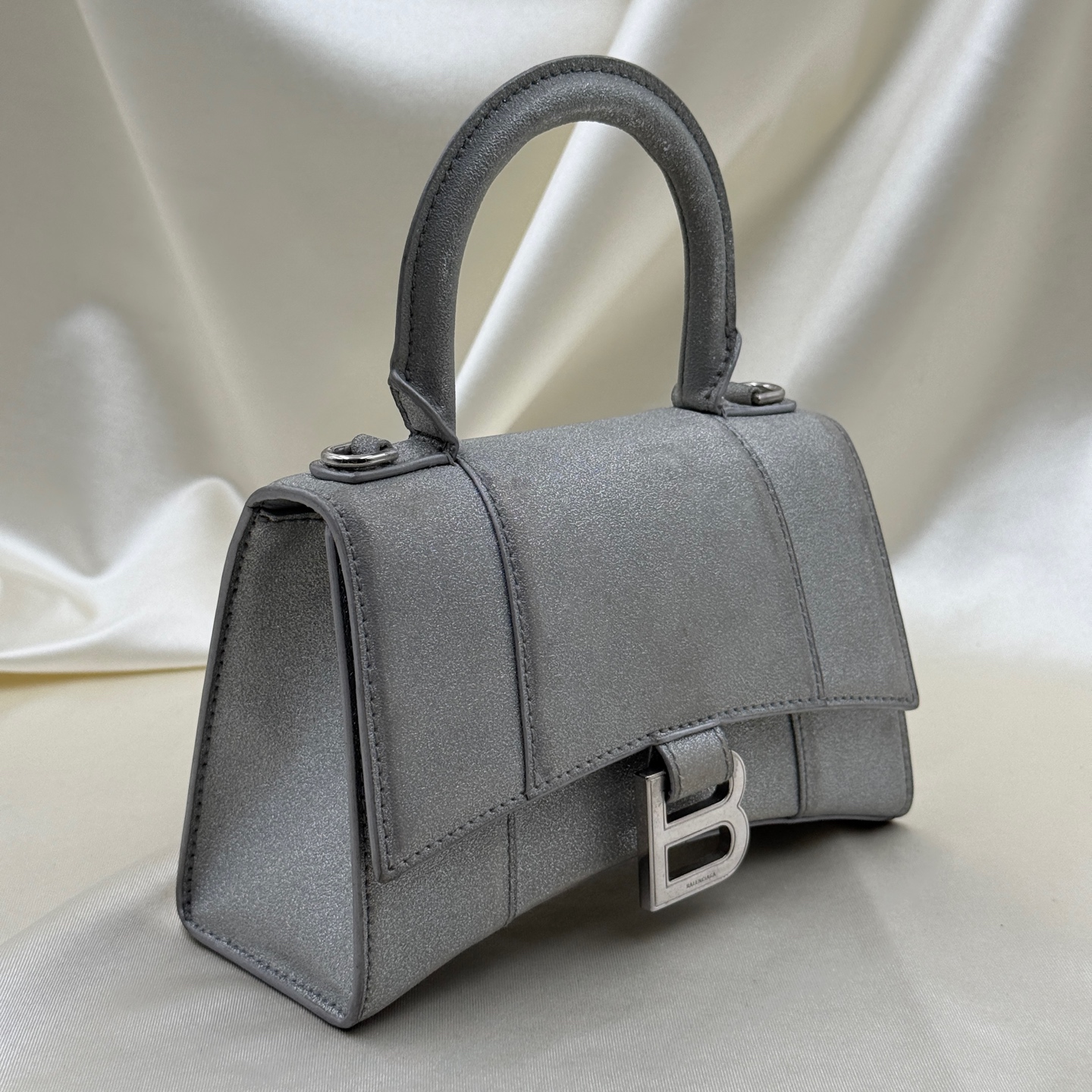Balenciaga Hourglass Small Silver Polyester PU Crossbody Bag Authentic