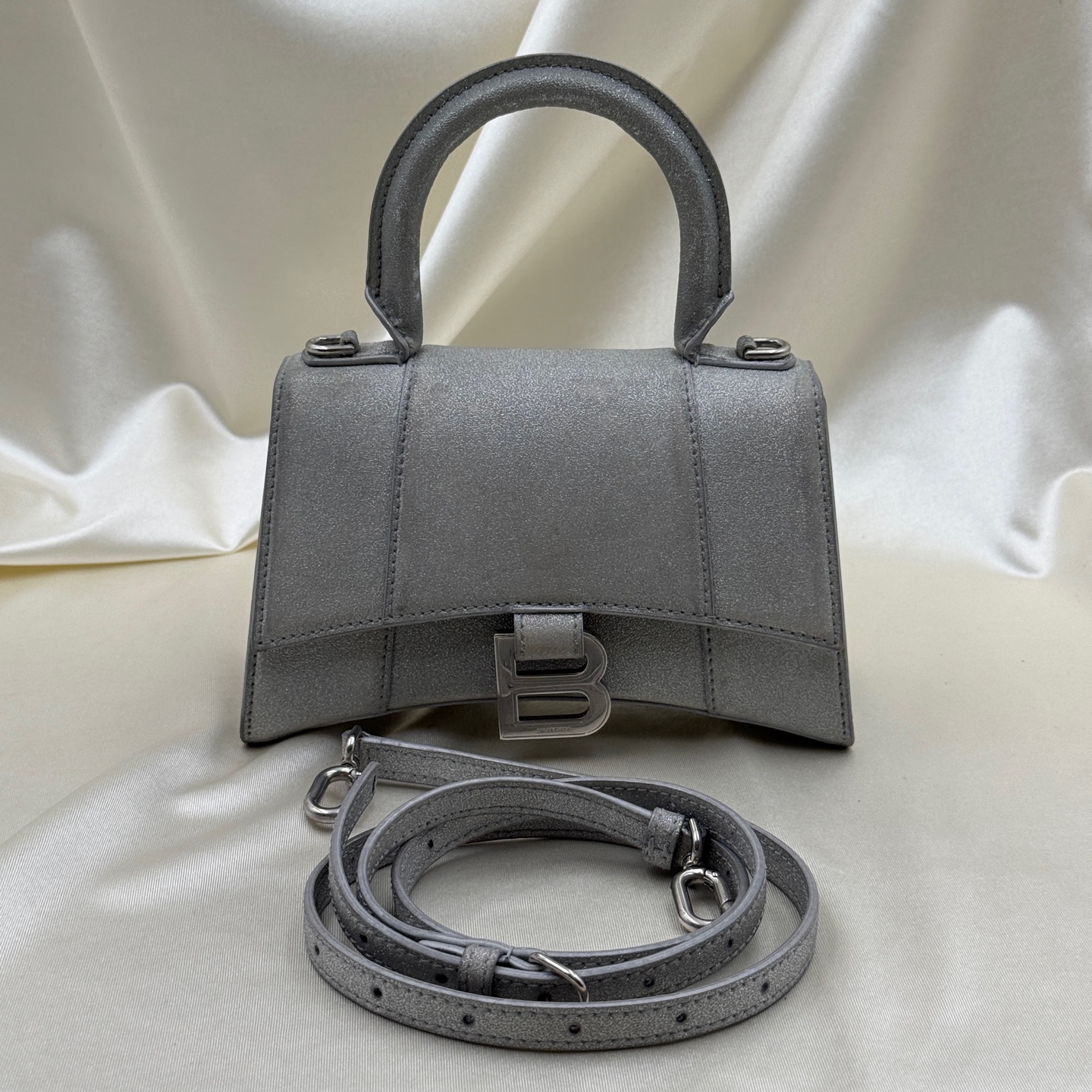 Balenciaga Hourglass Small Silver Polyester PU Crossbody Bag Authentic - Image 8