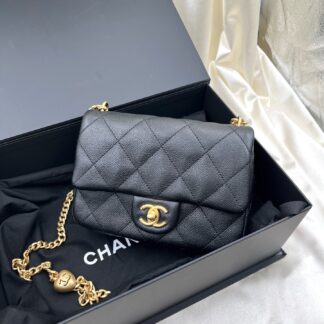 Chanel 23P/24P Love Heart Gold Ball Square Flap Bag Black Grained Calf Authentic