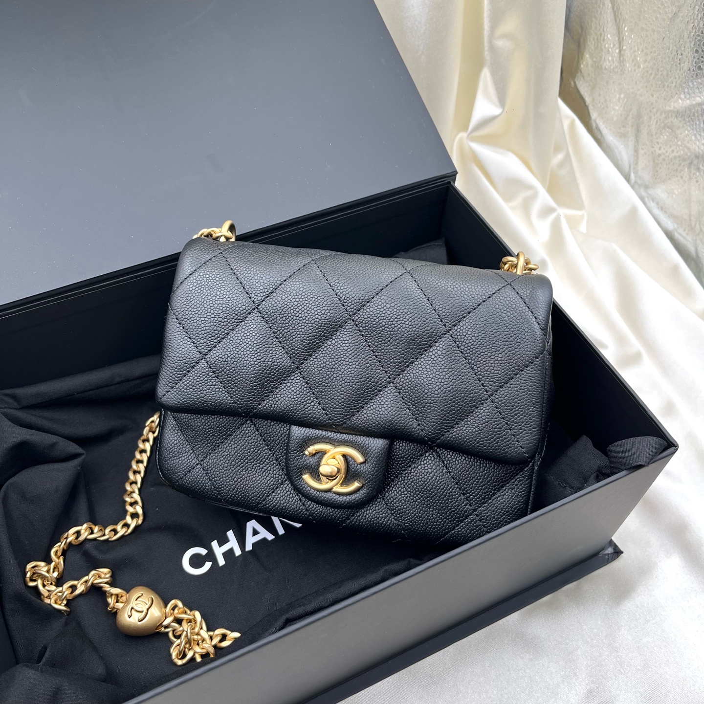 Chanel 23P/24P Love Heart Gold Ball Square Flap Bag Black Grained Calf Authentic