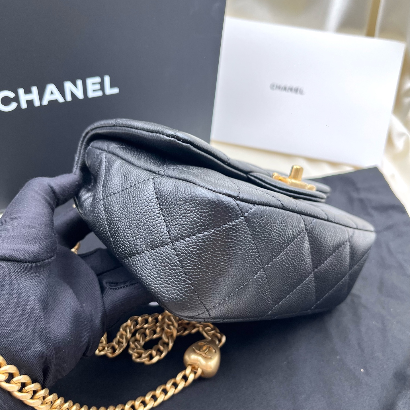 Chanel 23P/24P Love Heart Gold Ball Square Flap Bag Black Grained Calf Authentic - Image 2