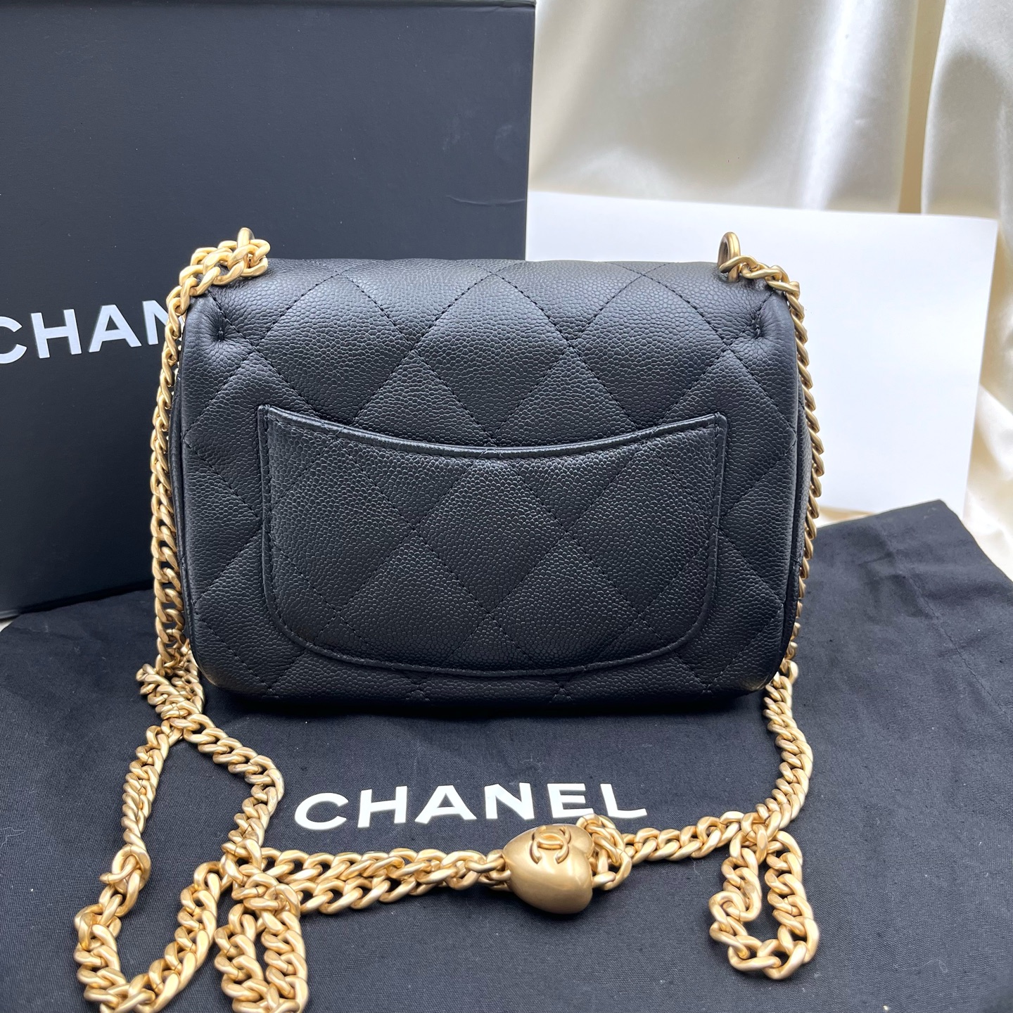 Chanel 23P/24P Love Heart Gold Ball Square Flap Bag Black Grained Calf Authentic - Image 5