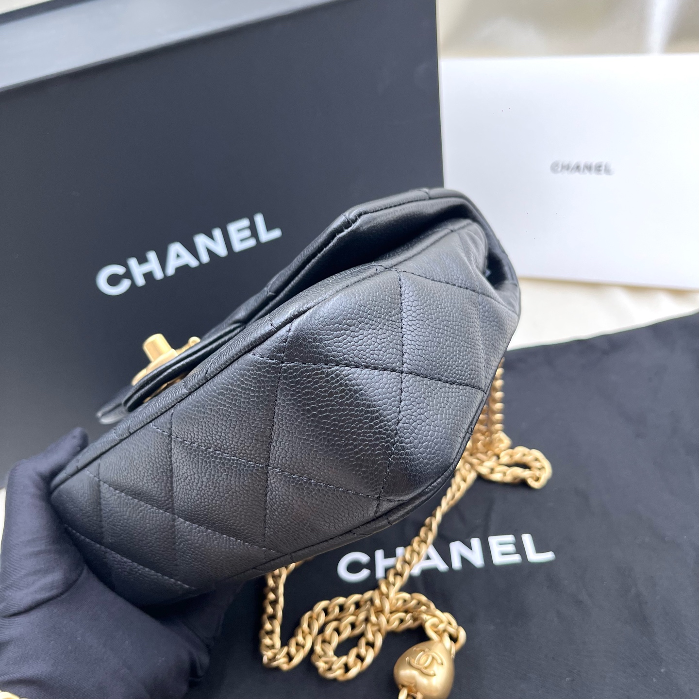Chanel 23P/24P Love Heart Gold Ball Square Flap Bag Black Grained Calf Authentic - Image 6