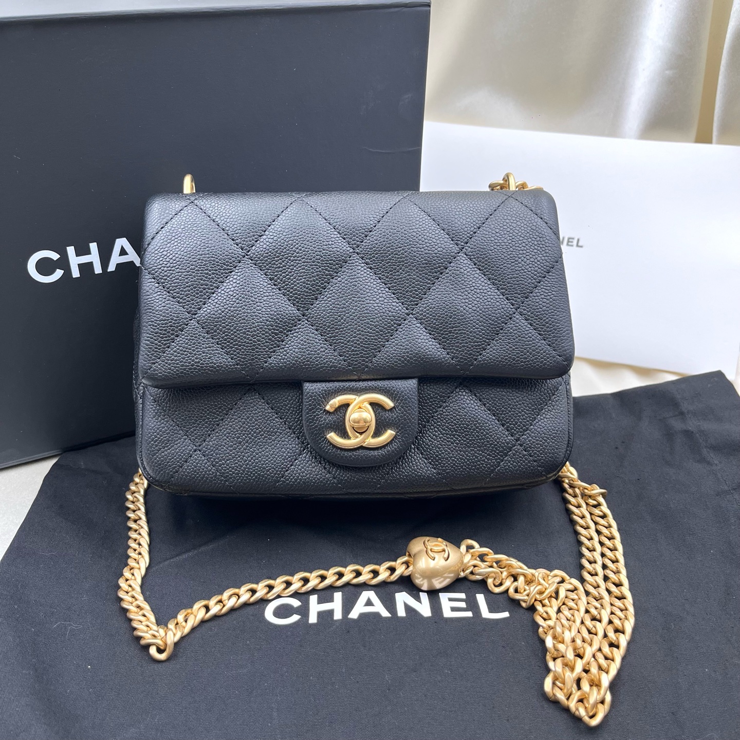 Chanel 23P/24P Love Heart Gold Ball Square Flap Bag Black Grained Calf Authentic - Image 7
