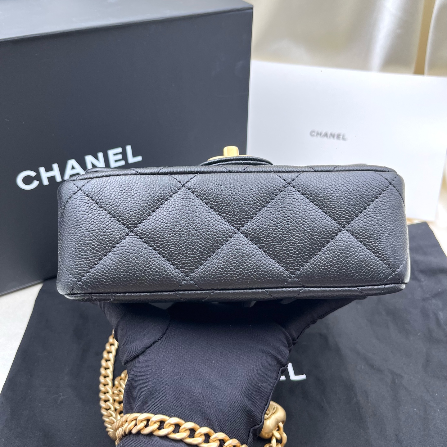 Chanel 23P/24P Love Heart Gold Ball Square Flap Bag Black Grained Calf Authentic - Image 8