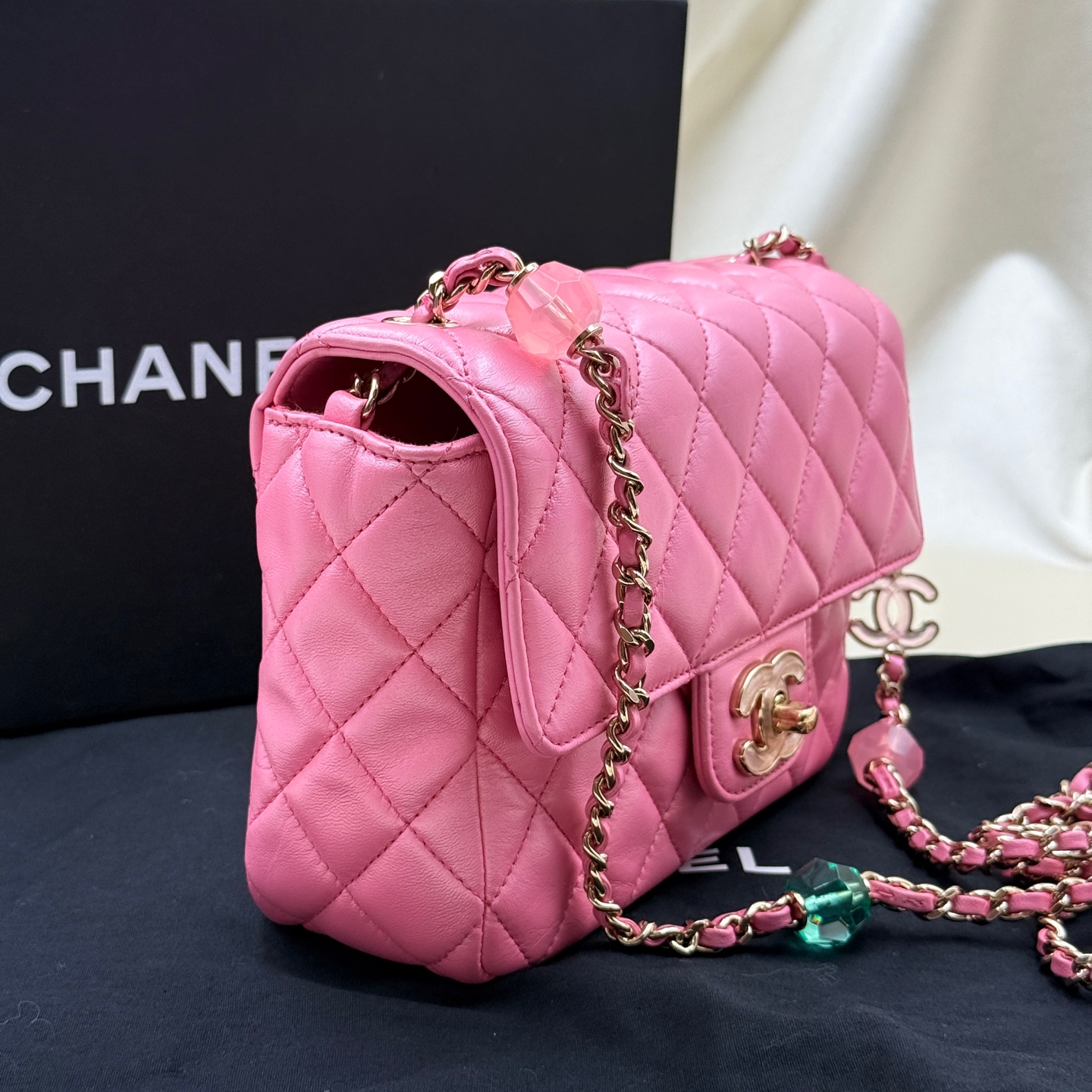 CHANEL 23P Enamel Lock Heart Chain Flap Bag Pink Lambskin Crossbody Authentic