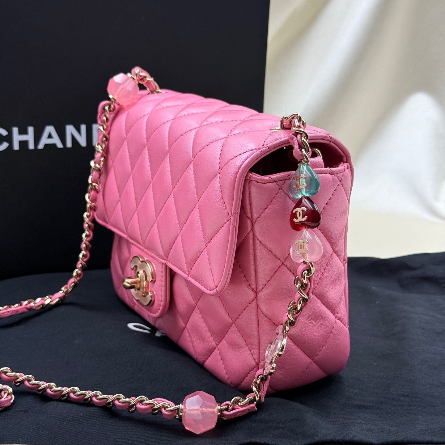 CHANEL 23P Enamel Lock Heart Chain Flap Bag Pink Lambskin Crossbody Authentic - Image 8