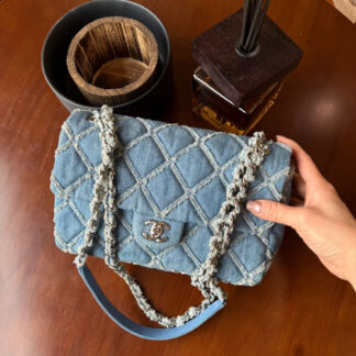 Chanel Denim CF Medium Shoulder Bag Light Blue Silver Hardware 25cm Authentic