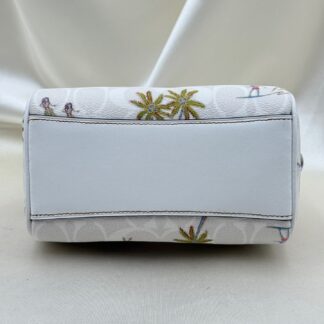 COACH Rowan 18 Silver Logo Jacquard Leather Boston Bag Small White Authentic