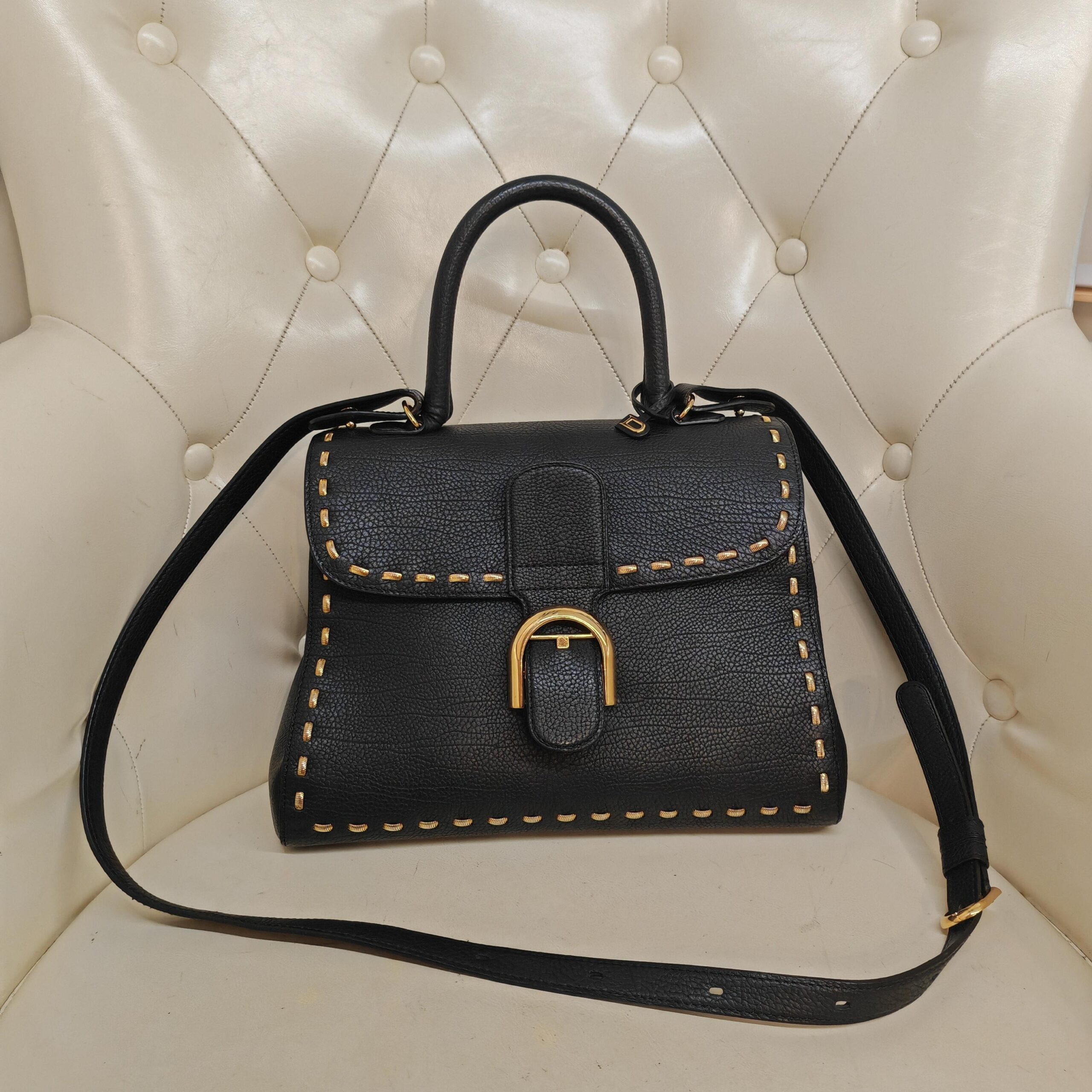 Delvaux Brilliant Black Gold Snake Chain Leather Top Handle Bag Authentic