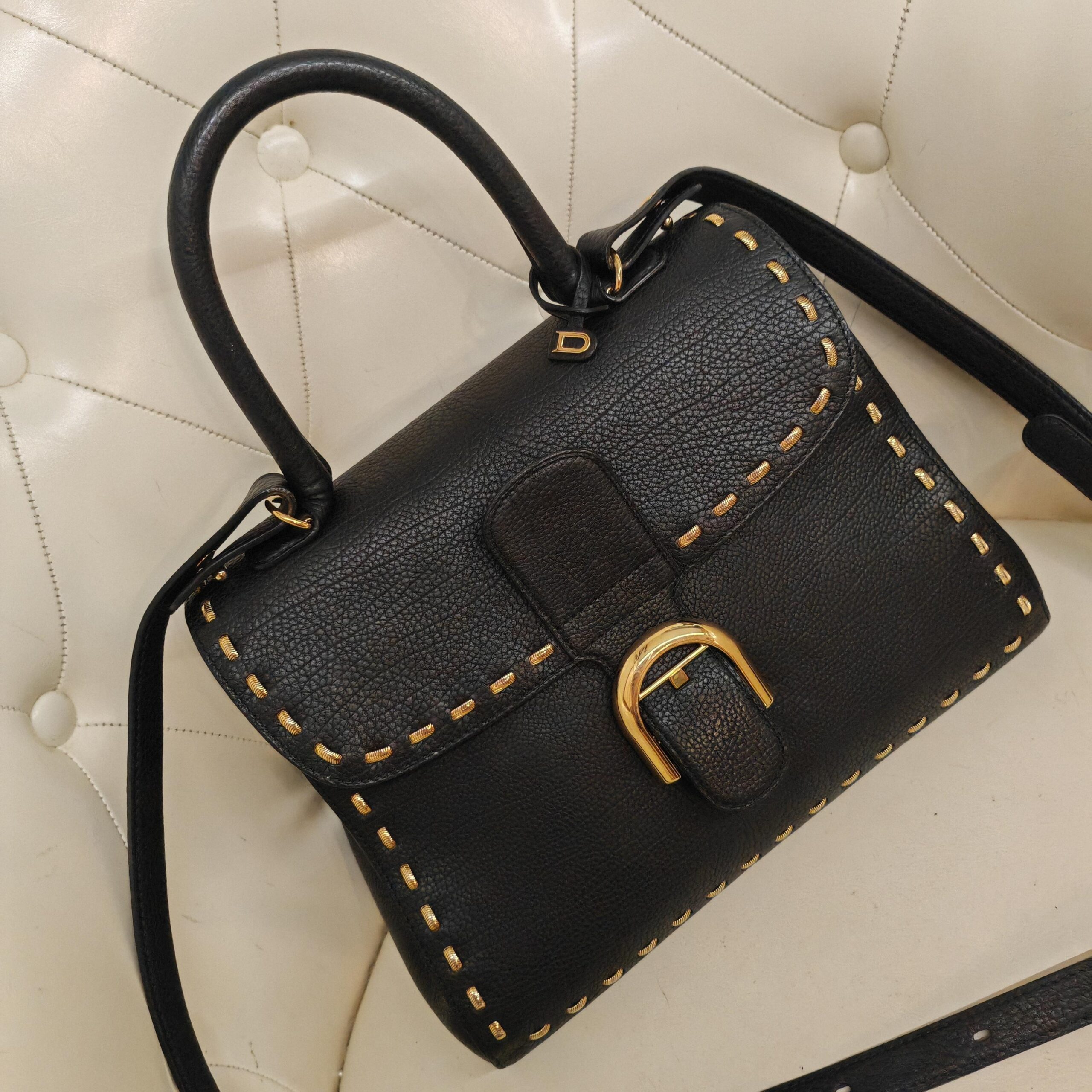 Delvaux Brilliant Black Gold Snake Chain Leather Top Handle Bag Authentic - Image 2