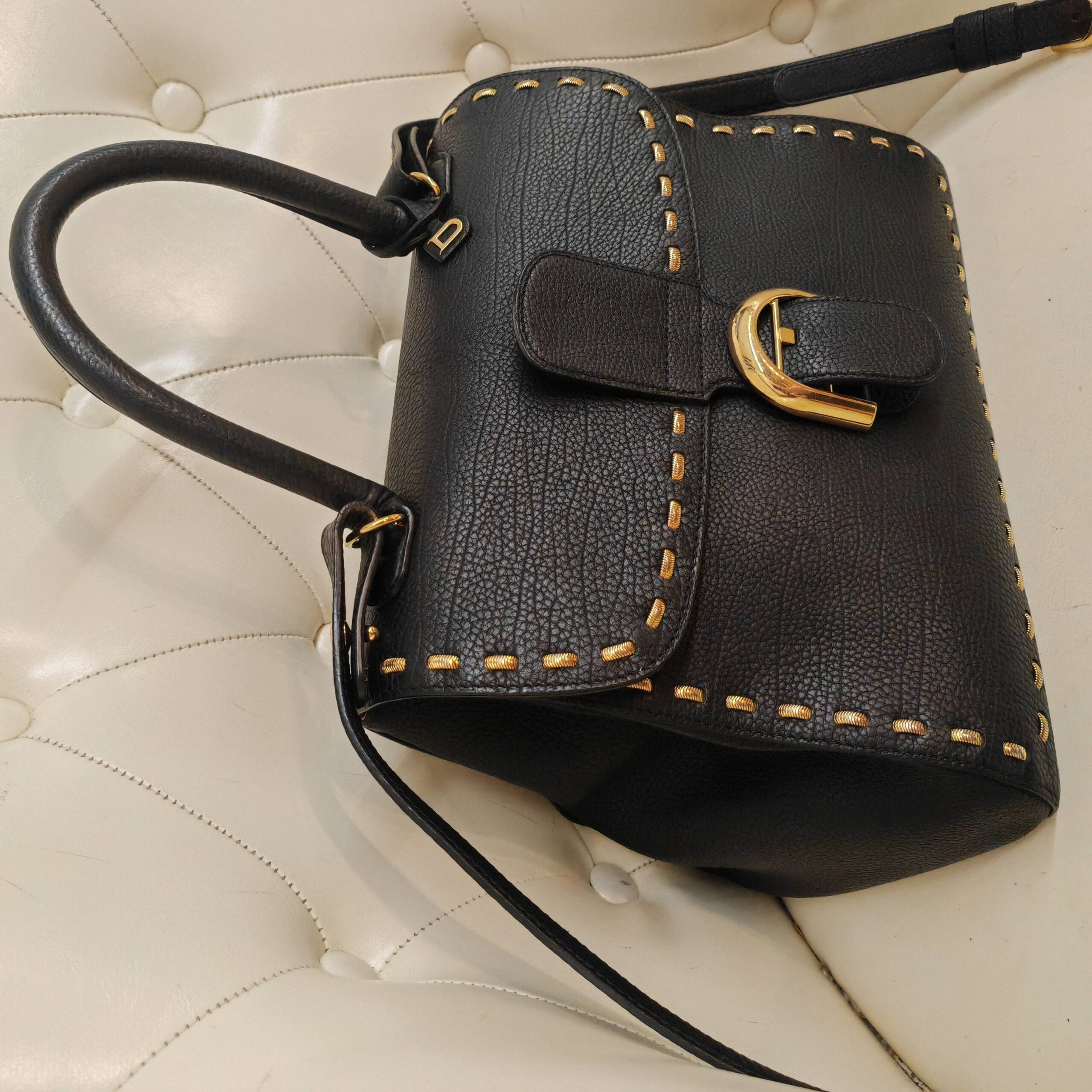 Delvaux Brilliant Black Gold Snake Chain Leather Top Handle Bag Authentic - Image 3