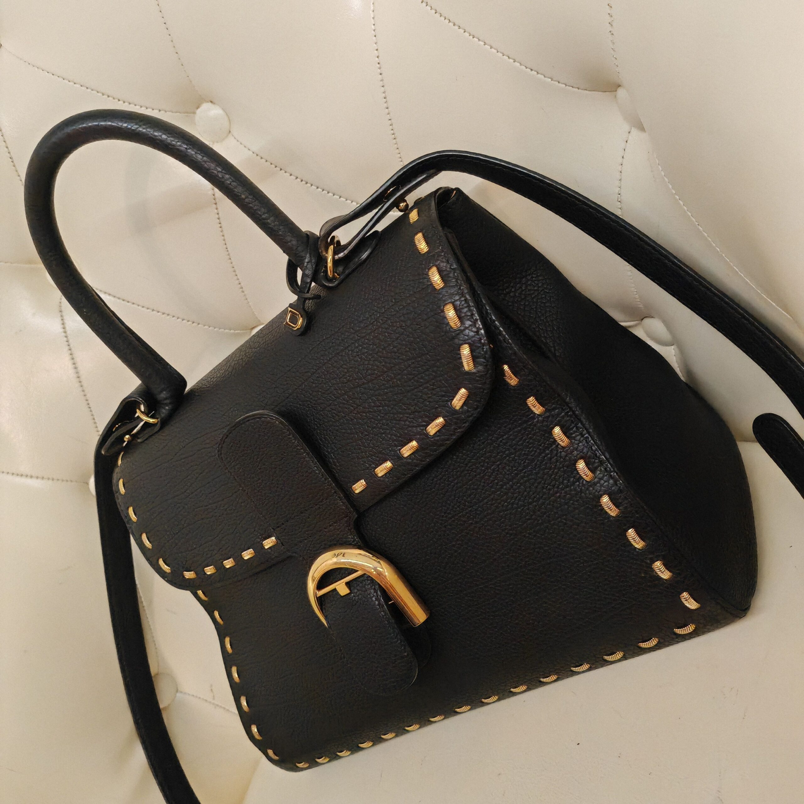 Delvaux Brilliant Black Gold Snake Chain Leather Top Handle Bag Authentic - Image 5
