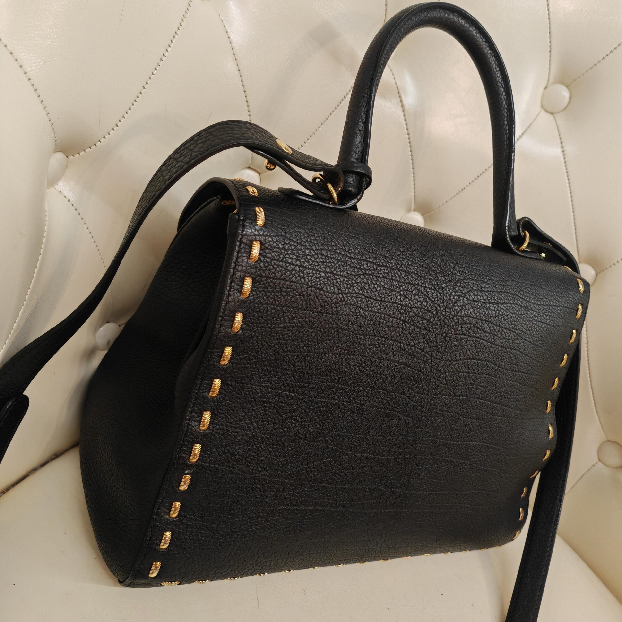 Delvaux Brilliant Black Gold Snake Chain Leather Top Handle Bag Authentic - Image 8
