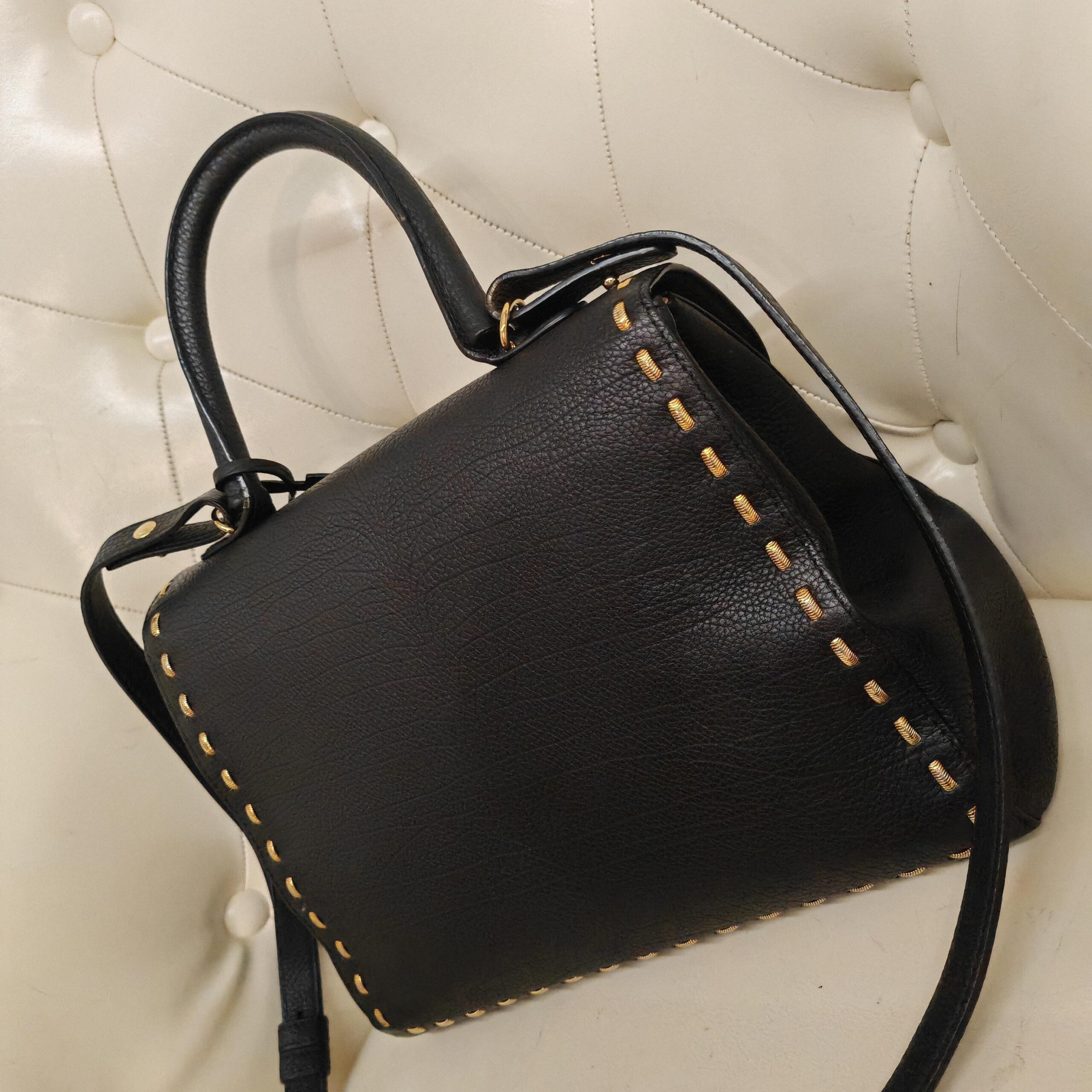 Delvaux Brilliant Black Gold Snake Chain Leather Top Handle Bag Authentic - Image 9