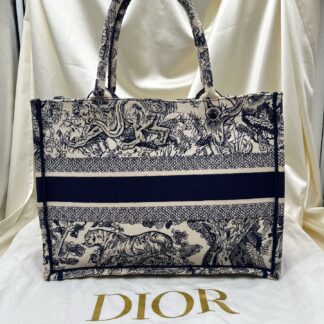 DIOR BookTote Jungle Tiger Toile de Jouy Embroidery Tote Bag Blue Authentic
