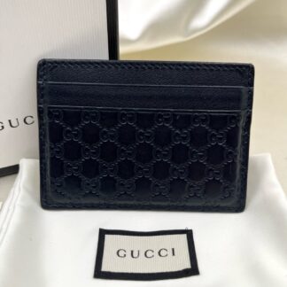 GUCCI Card Holder Logo Embossed Leather Navy Blue 262837 Authentic