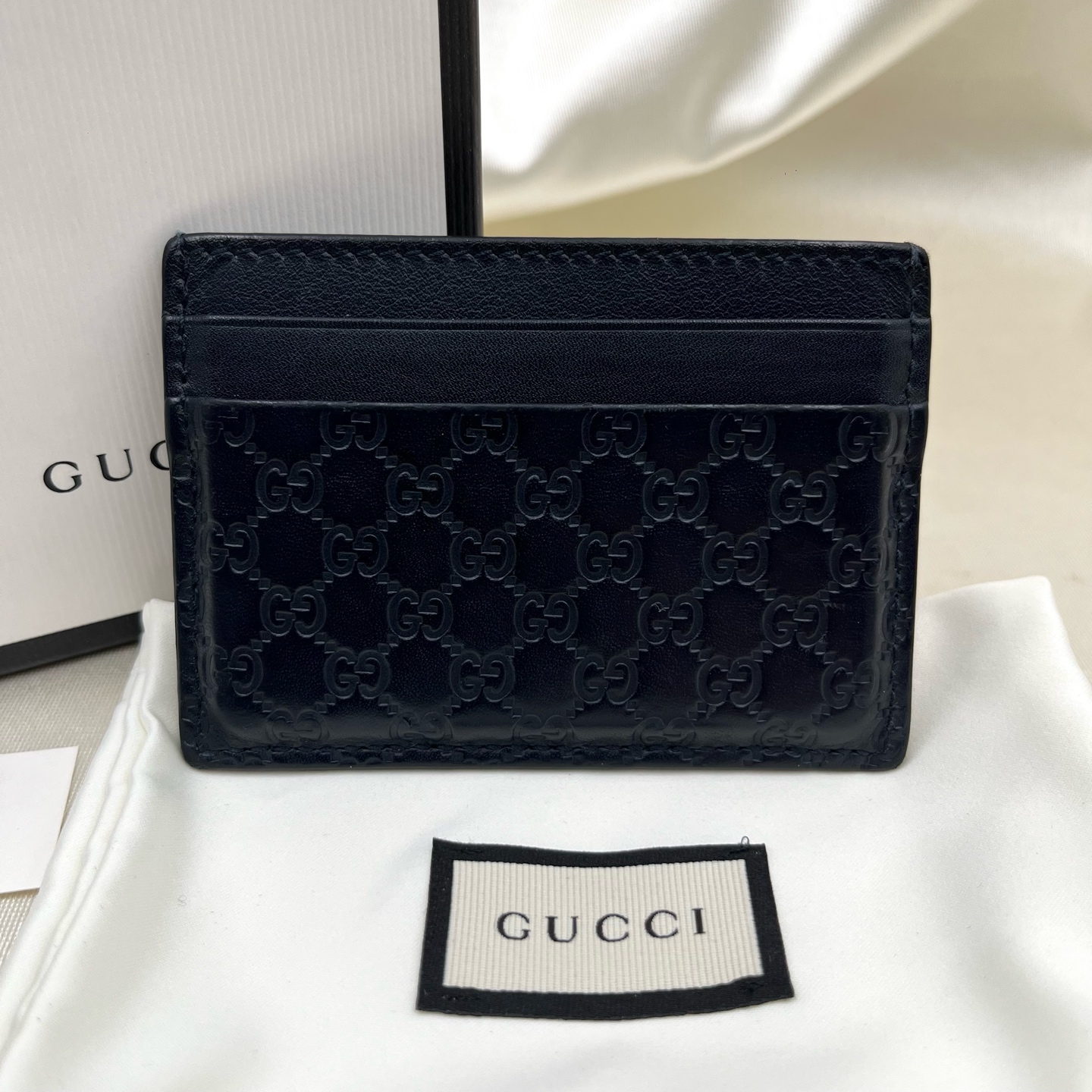 GUCCI Card Holder Logo Embossed Leather Navy Blue 262837 Authentic - Image 3