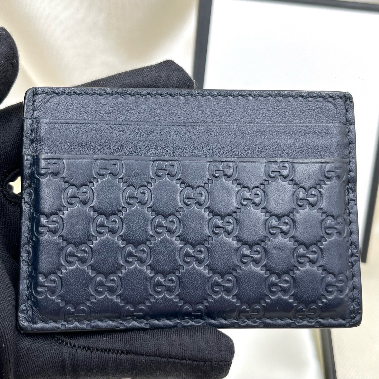 GUCCI Card Holder Logo Embossed Leather Navy Blue 262837 Authentic - Image 6