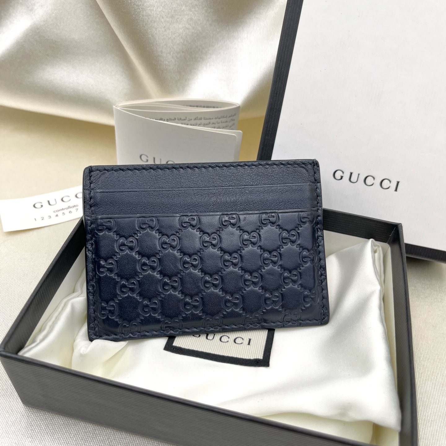 GUCCI Card Holder Logo Embossed Leather Navy Blue 262837 Authentic - Image 8
