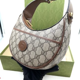 Gucci GG Mini Half Moon Bag Beige Ebony GG Supreme Canvas Authentic