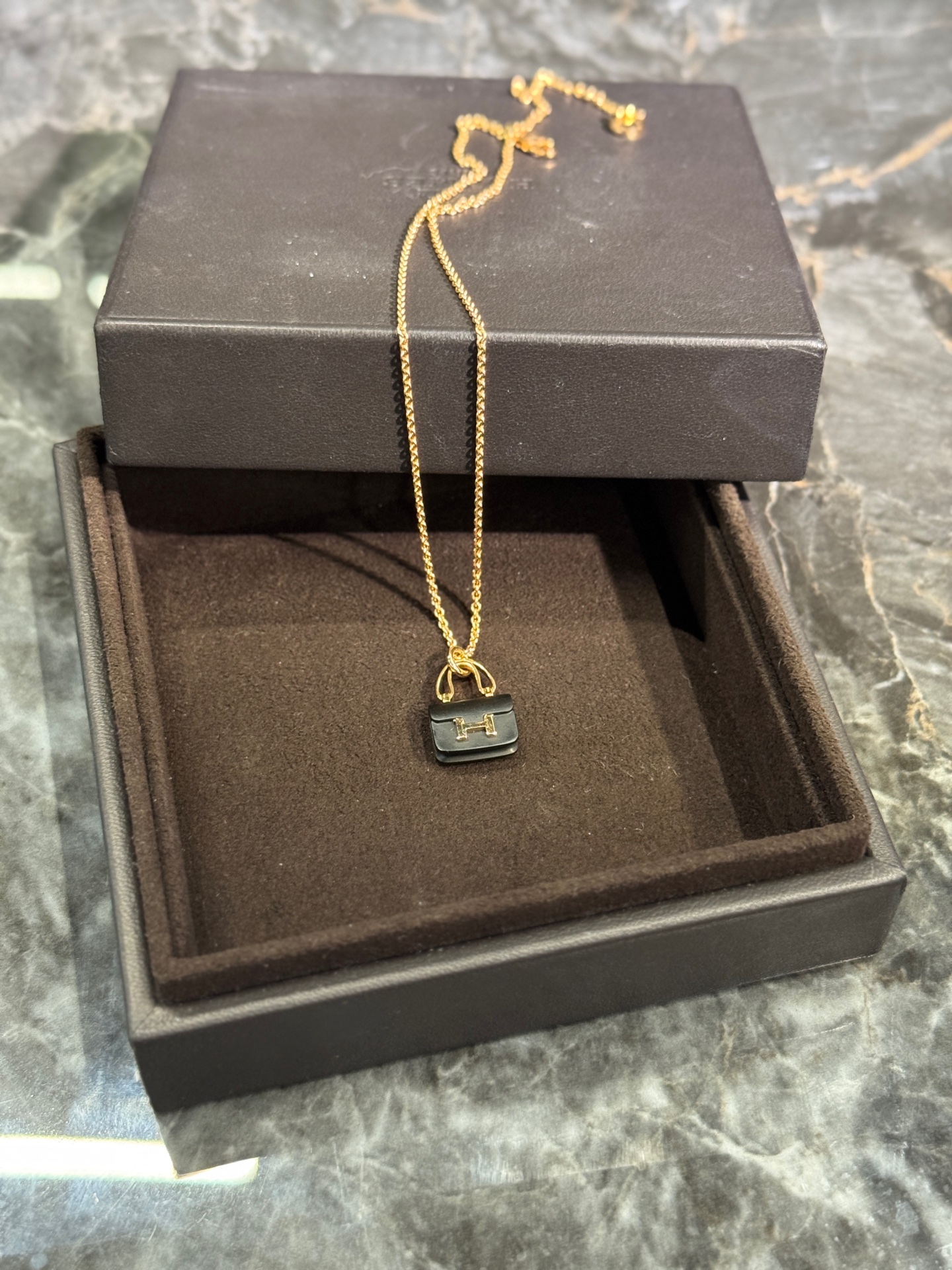 Hermes Kelly Chain Necklace Rose Gold Black Jade Pendant Authentic