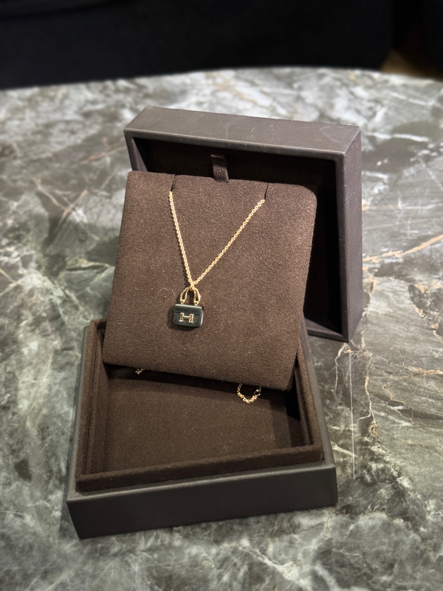 Hermes Kelly Chain Necklace Rose Gold Black Jade Pendant Authentic - Image 2