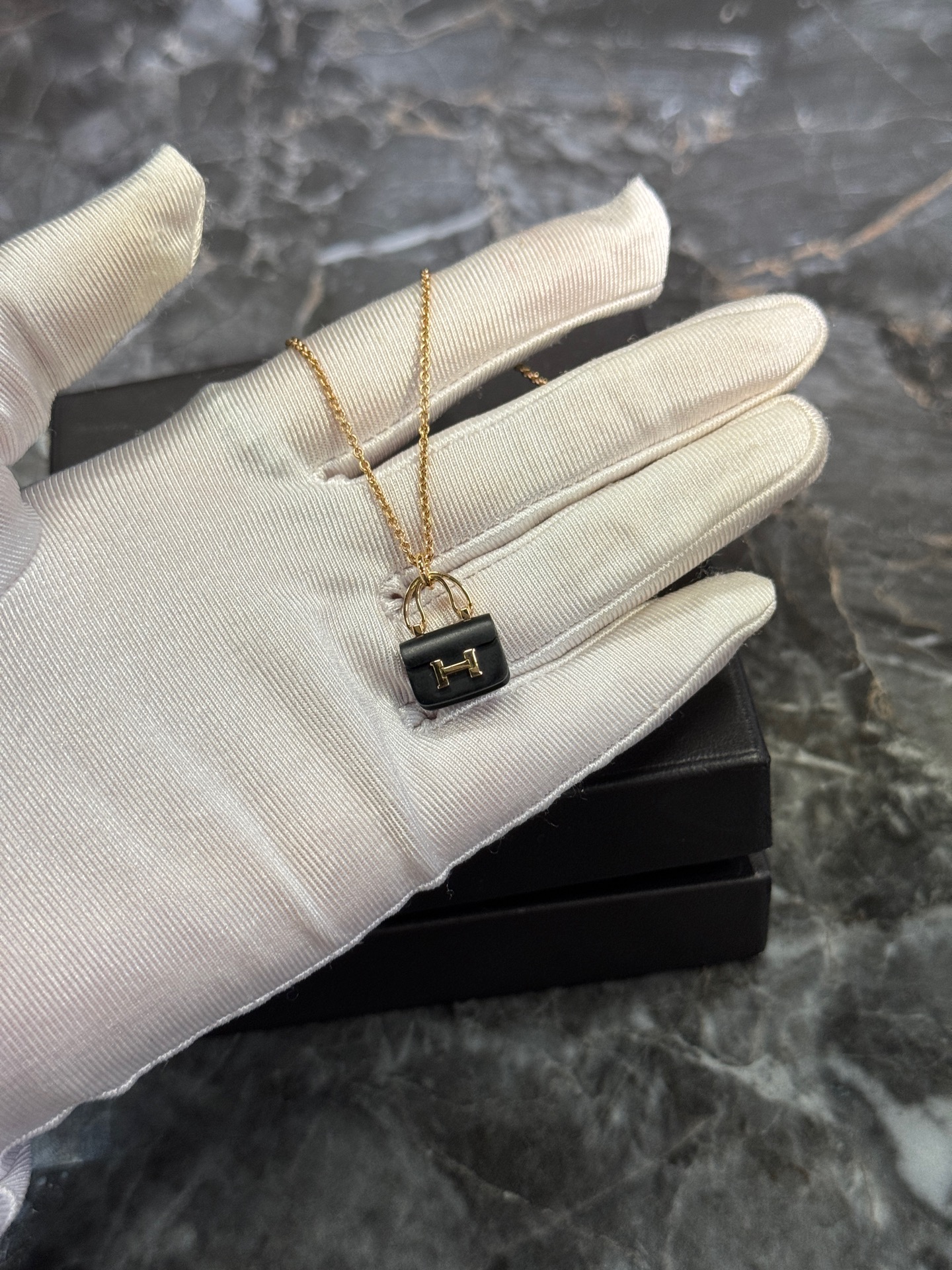 Hermes Kelly Chain Necklace Rose Gold Black Jade Pendant Authentic - Image 3