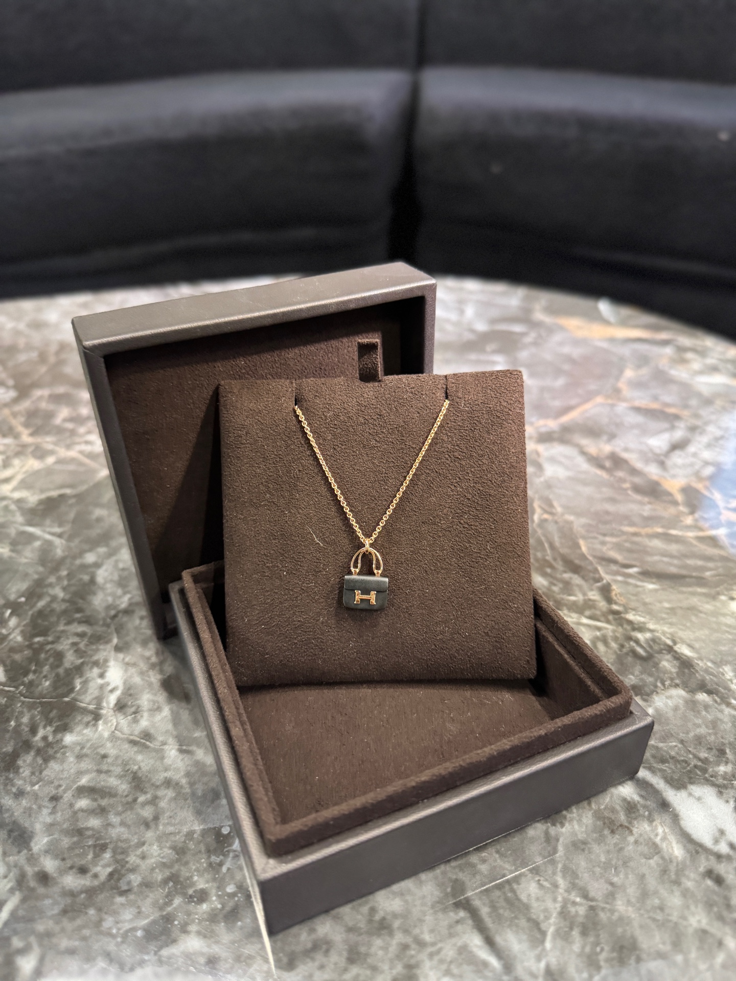 Hermes Kelly Chain Necklace Rose Gold Black Jade Pendant Authentic - Image 4