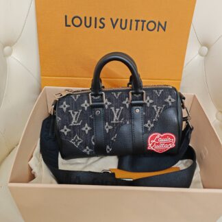 LV Louis Vuitton Keepall XS Nigo Black Denim Monogram Canvas Heart Pat Authentic