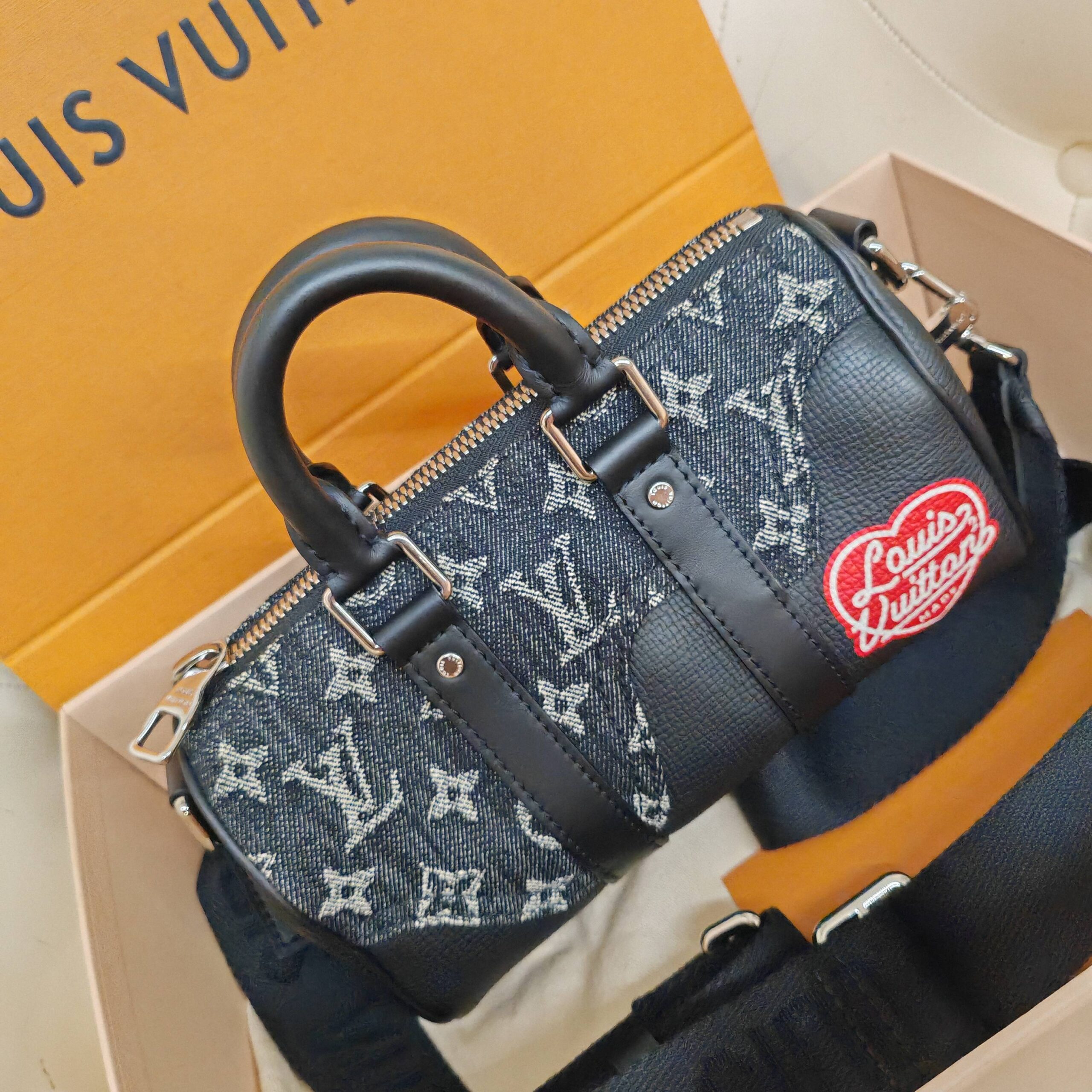 LV Louis Vuitton Keepall XS Nigo Black Denim Monogram Canvas Heart Pat Authentic - Image 2