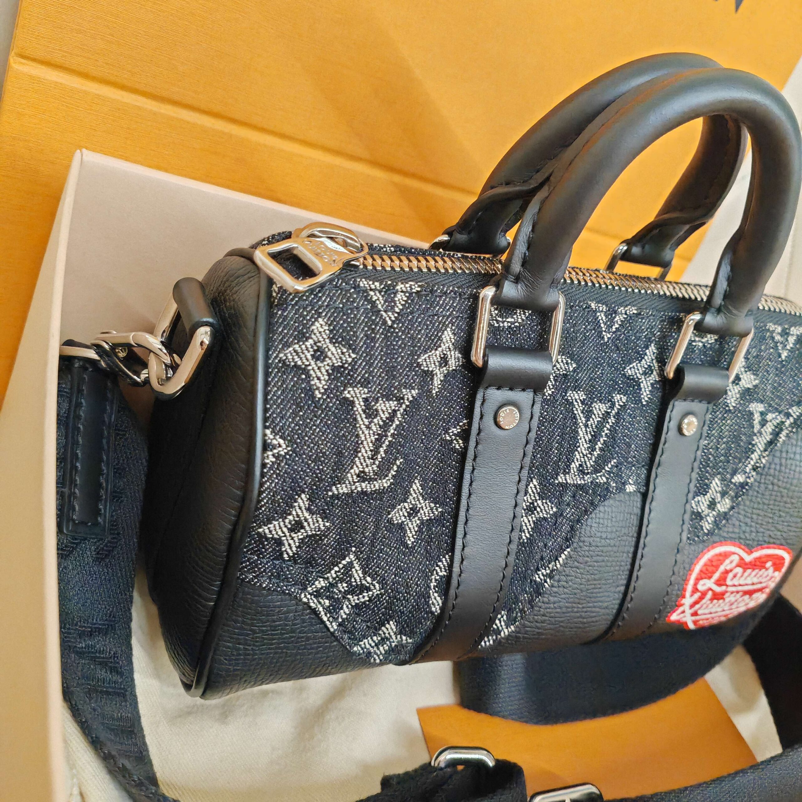 LV Louis Vuitton Keepall XS Nigo Black Denim Monogram Canvas Heart Pat Authentic - Image 3