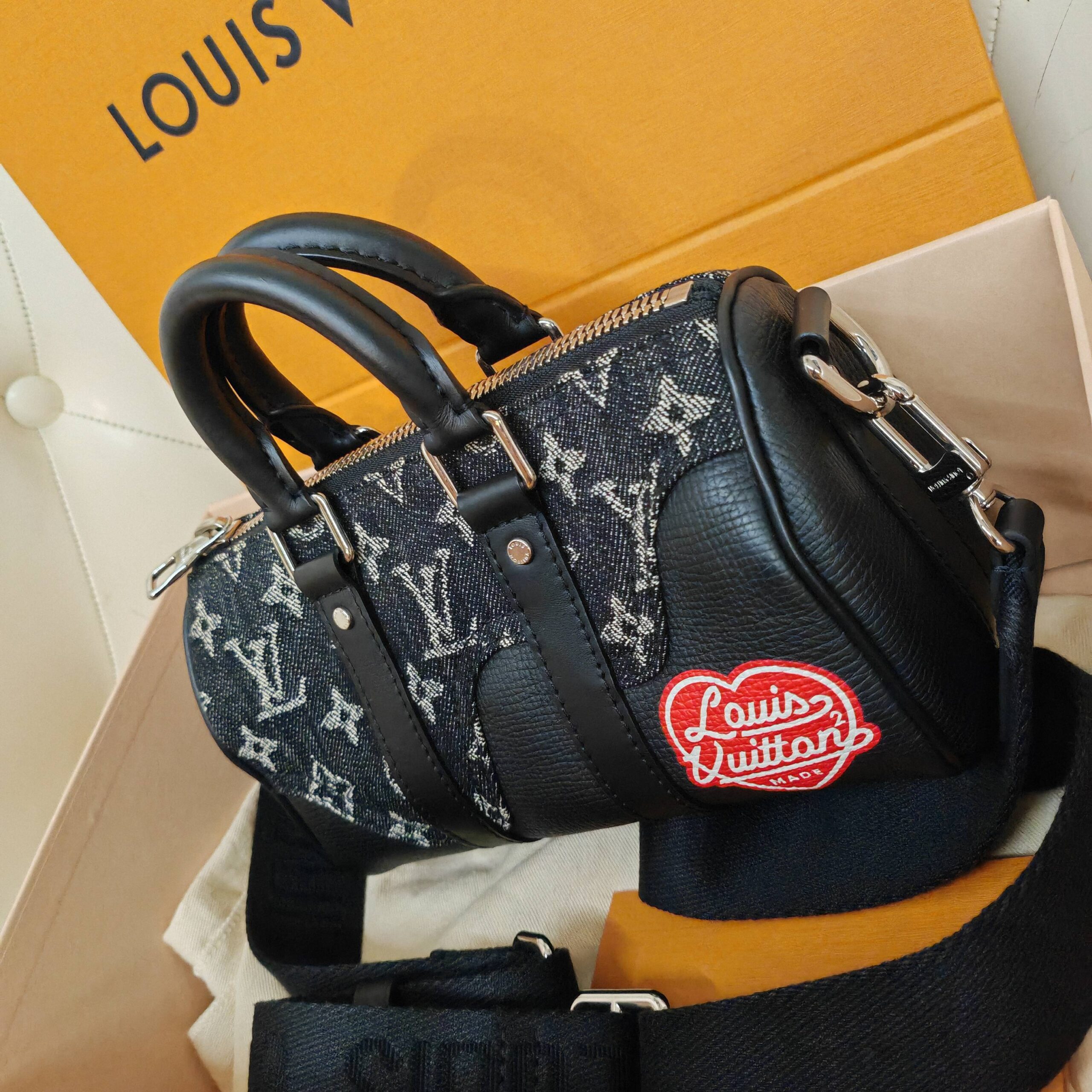 LV Louis Vuitton Keepall XS Nigo Black Denim Monogram Canvas Heart Pat Authentic - Image 4