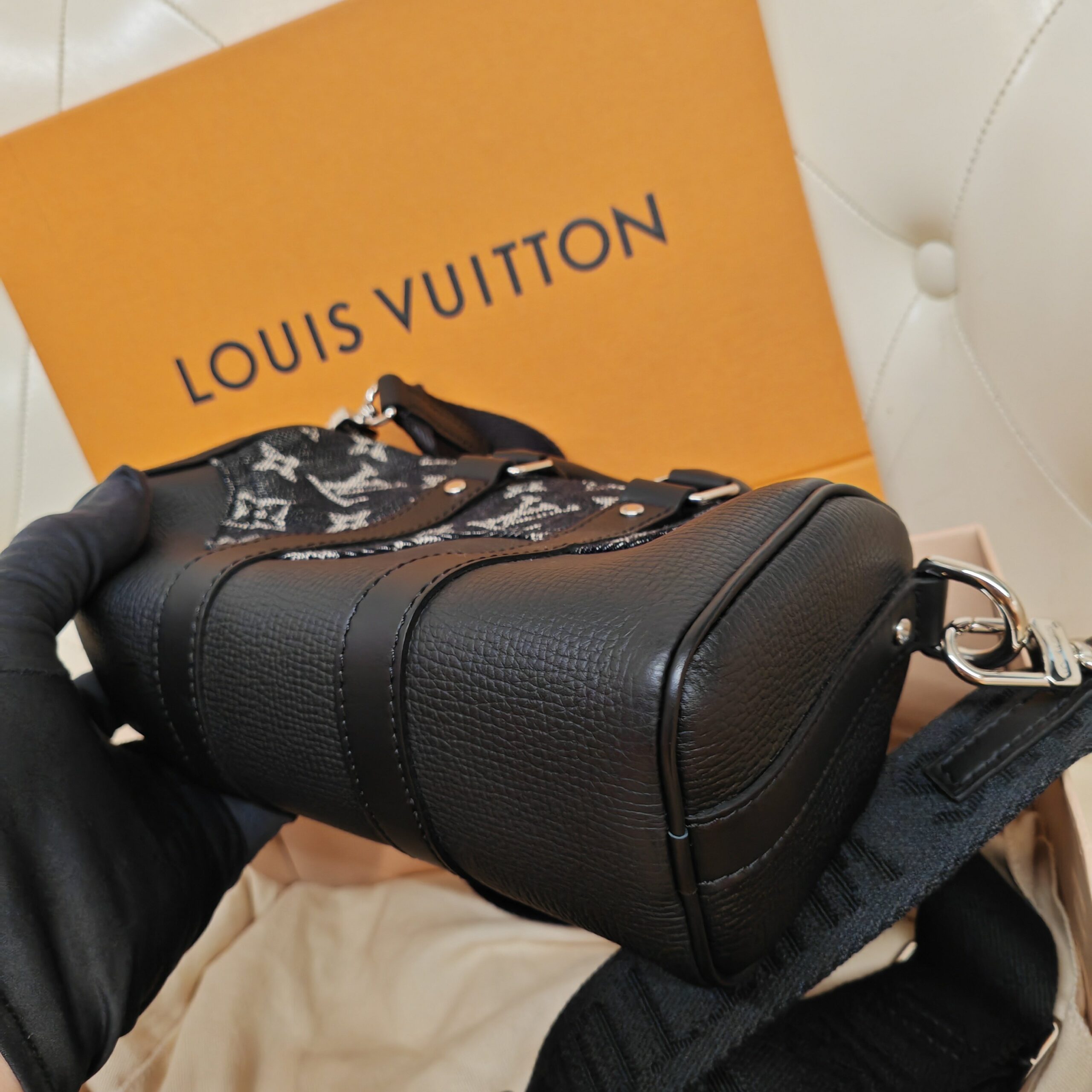 LV Louis Vuitton Keepall XS Nigo Black Denim Monogram Canvas Heart Pat Authentic - Image 5