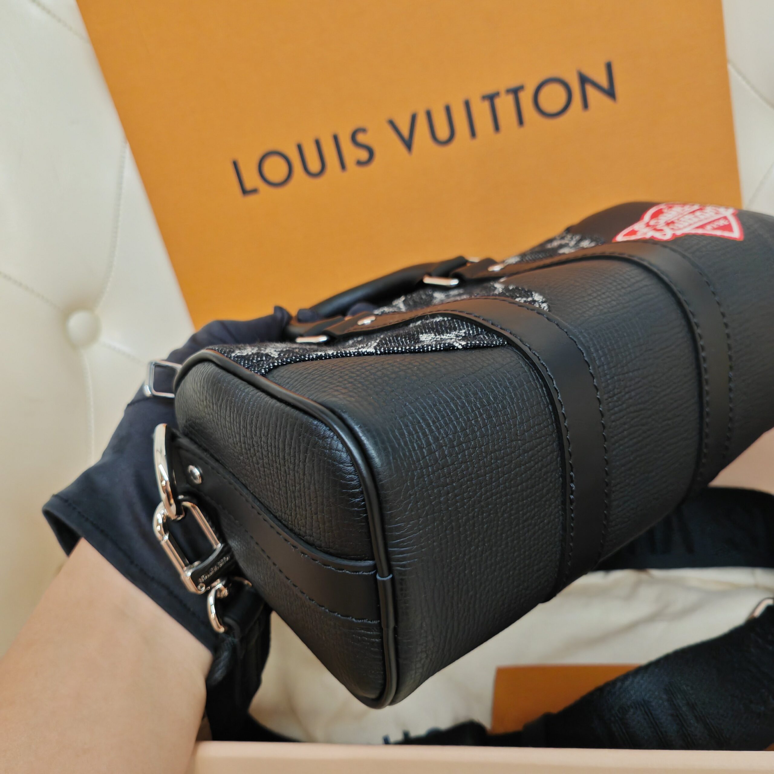 LV Louis Vuitton Keepall XS Nigo Black Denim Monogram Canvas Heart Pat Authentic - Image 6