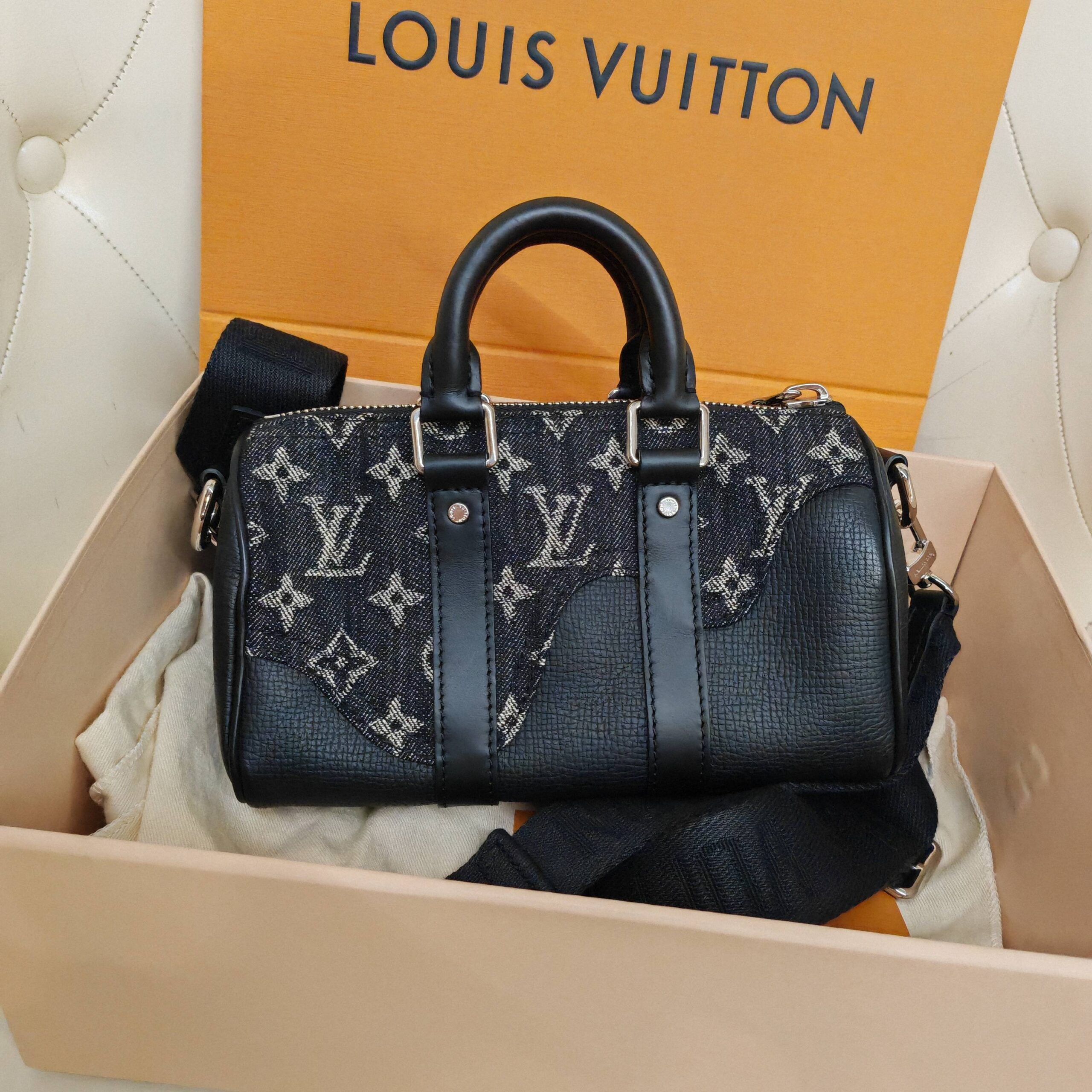 LV Louis Vuitton Keepall XS Nigo Black Denim Monogram Canvas Heart Pat Authentic - Image 7