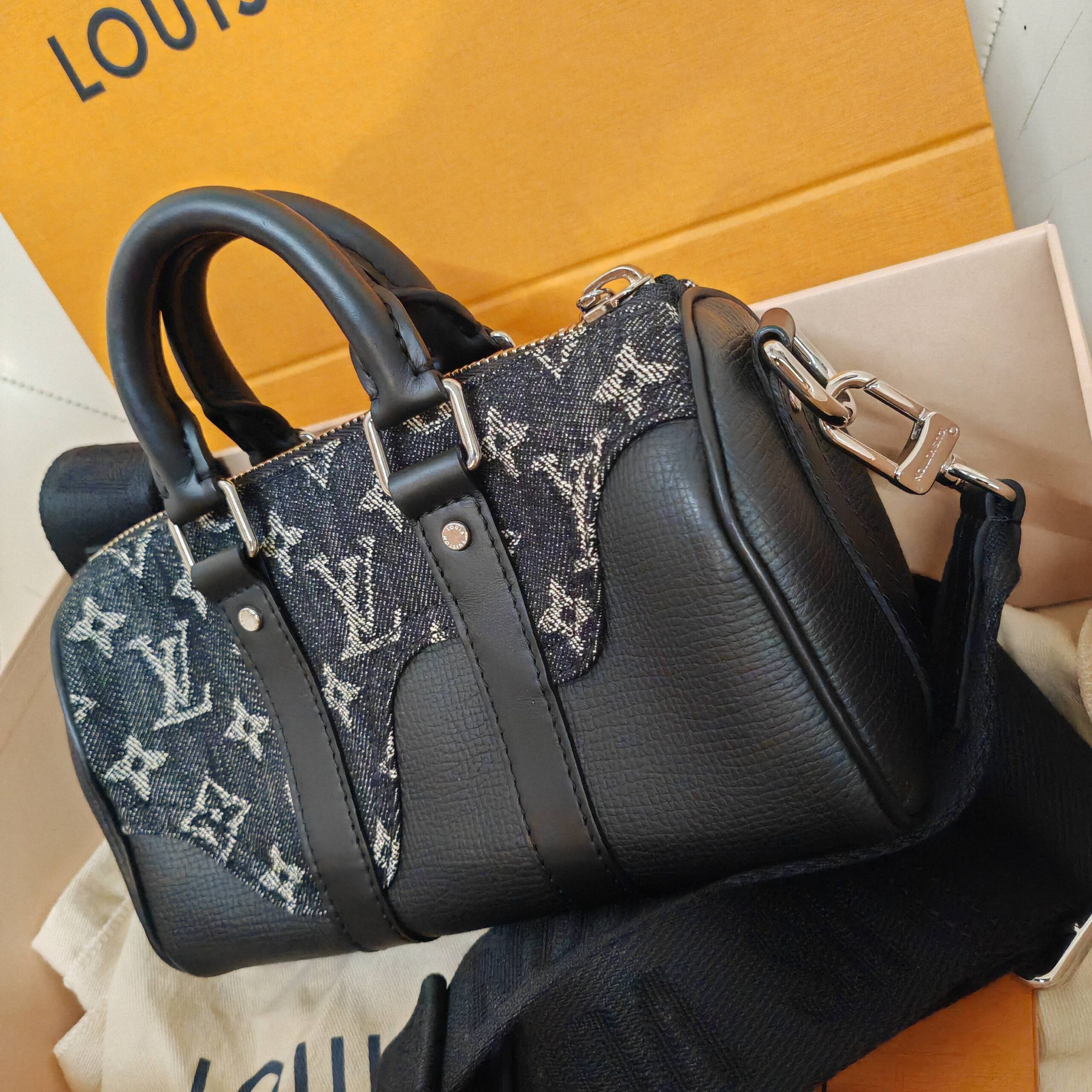 LV Louis Vuitton Keepall XS Nigo Black Denim Monogram Canvas Heart Pat Authentic - Image 9