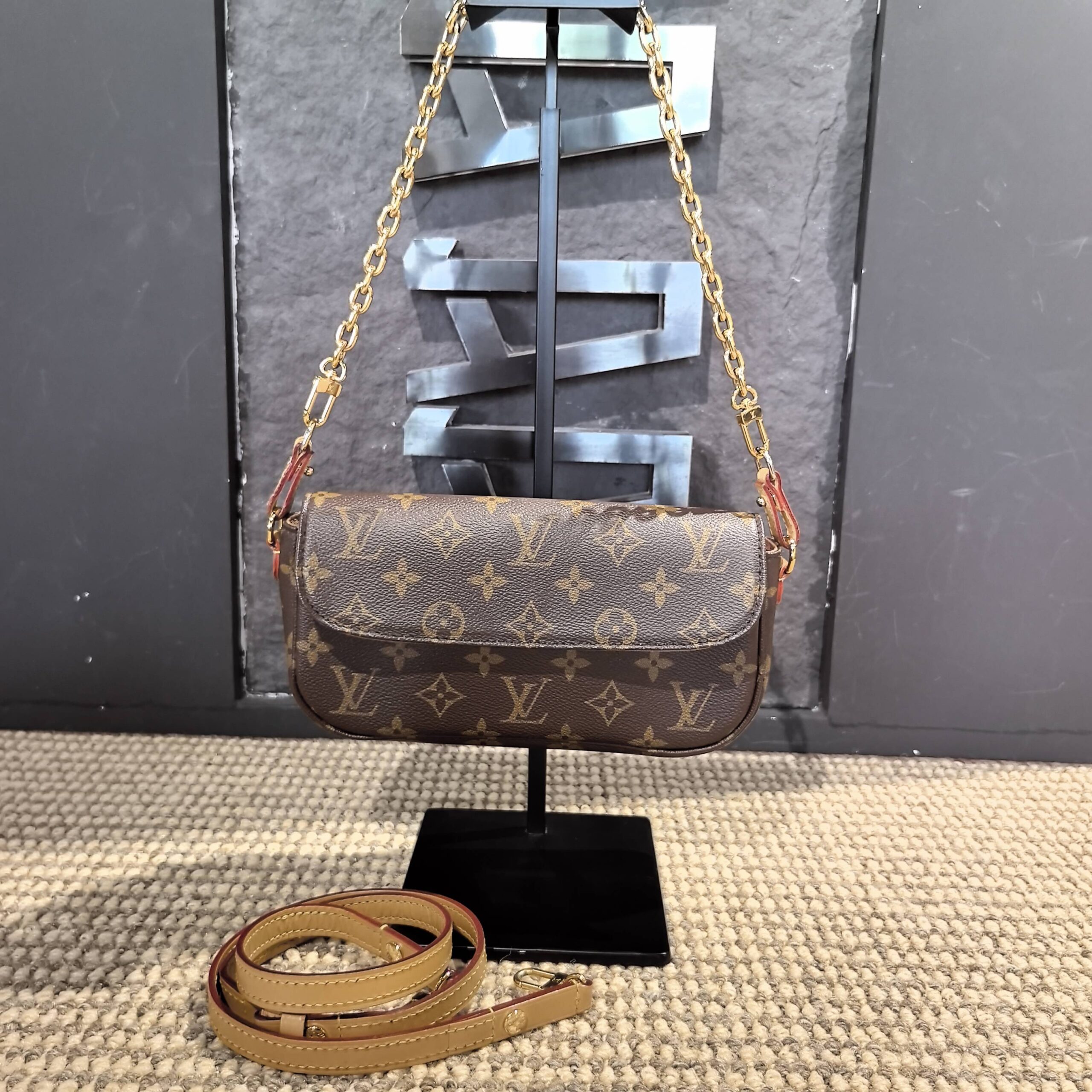 LV IVY Monogram Coated Canvas Chain Shoulder Bag Brown Authentic
