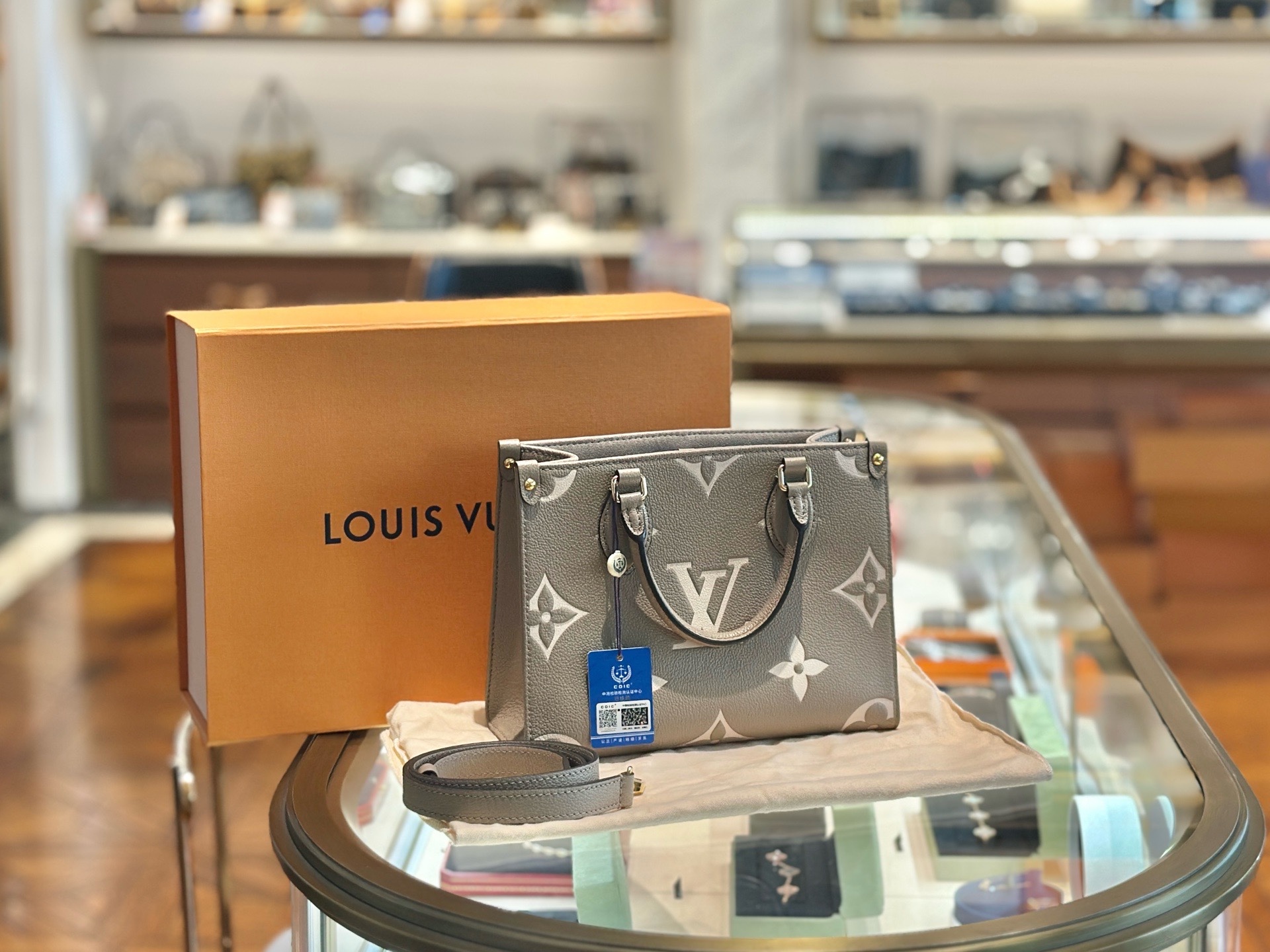 LV Onthego PM Elephant Grey Leather Tote M45779 Authentic