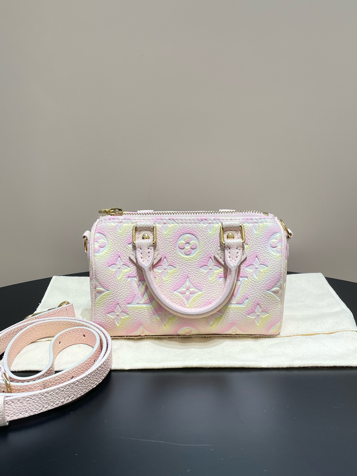LV Speedy Nano Pink Cherry Blossom Monogram Embossed Leather Crossbody Authentic