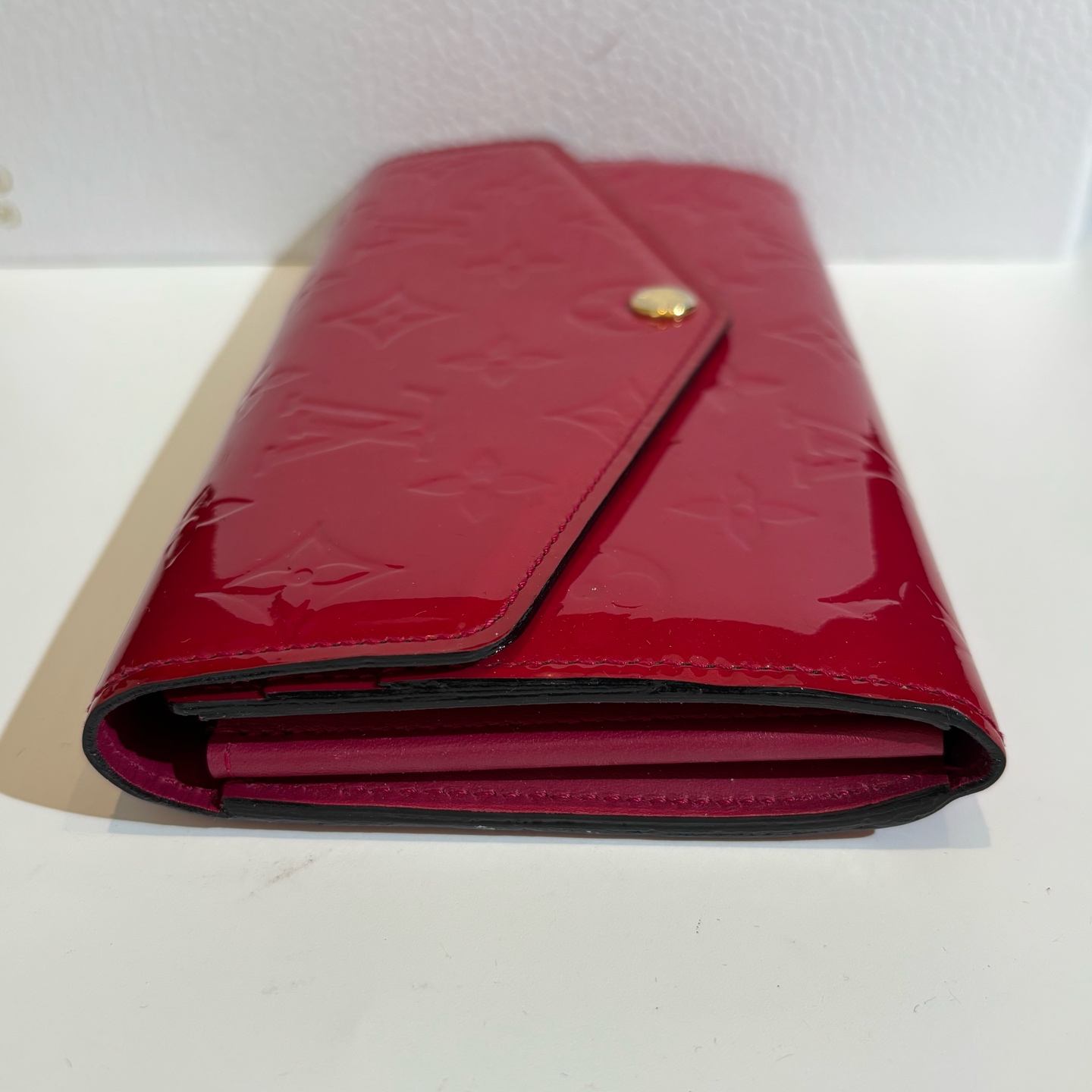 LV Louis Vuitton Rose Pink Patent Leather Envelope Wallet 19cm Authentic - Image 4