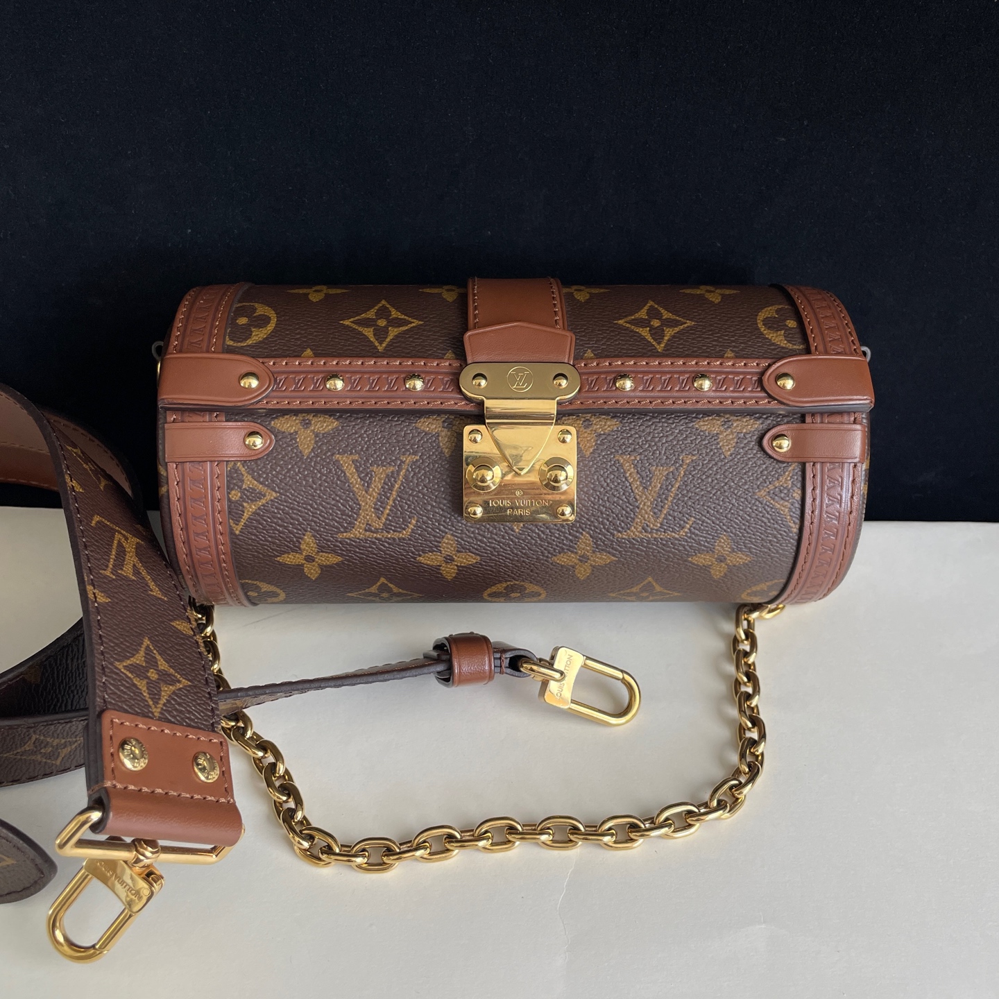 LV Papillon Trunk Monogram Shoulder Bag Crossbody Chain Dual Straps Du Authentic