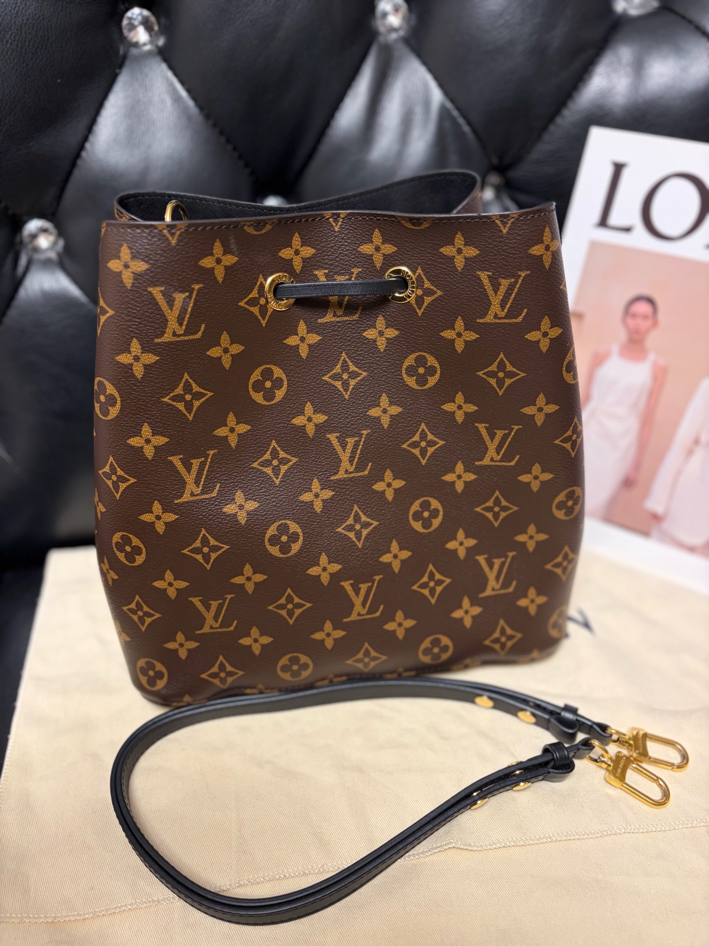 LV Black Bucket Bag 99% New with Chip & Code Authentic - Image 2