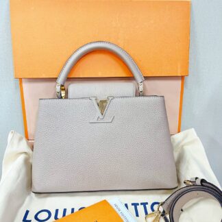 Louis Vuitton Capucines MM Elephant Grey Gold Hardware Top Handle Bag Authentic