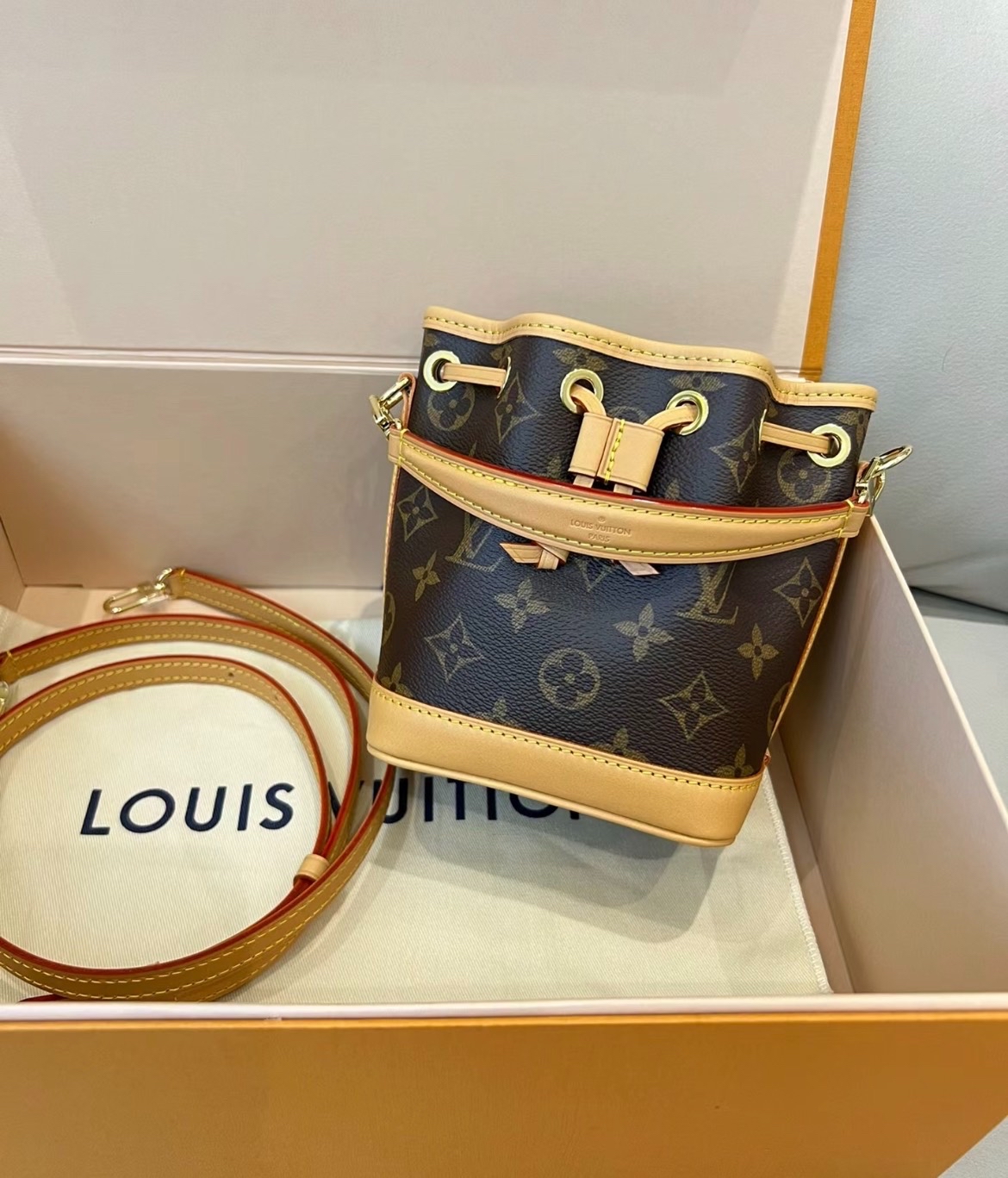 Louis Vuitton Monogram Nano Bucket Bag with Film, July Receipt, Box & Authentic