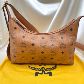 MCM Aren Visetos Monogram Hobo Shoulder Bag Brown Cognac Small 26x9x19 Authentic
