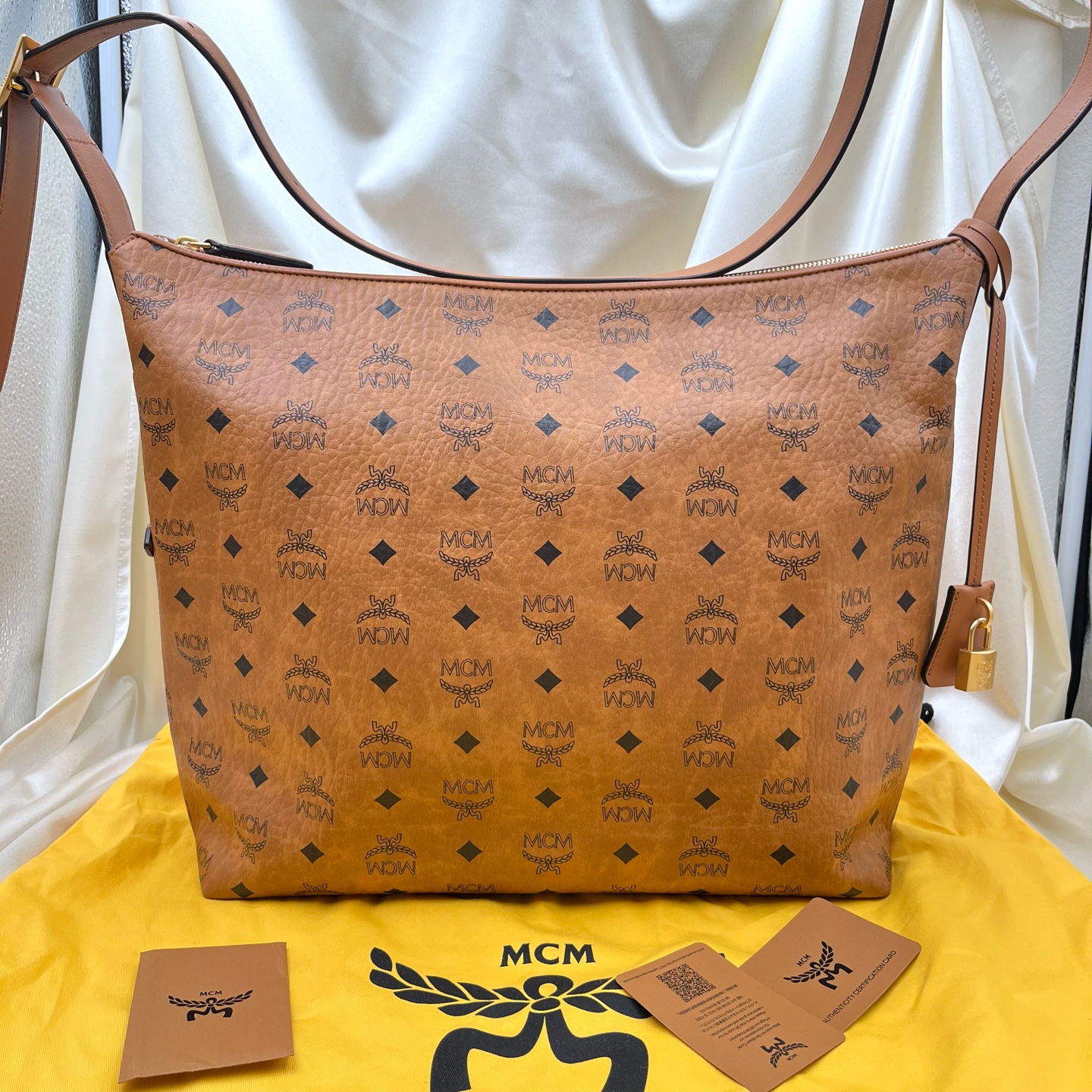 MCM Aren Visetos Monogram Canvas Hobo Shoulder Bag Brown Cognac Authentic - Image 7