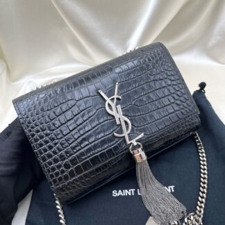 SAINT LAURENT Silver Fringe Bag 452159-DND1J-1000 Black Calfskin Cross Authentic