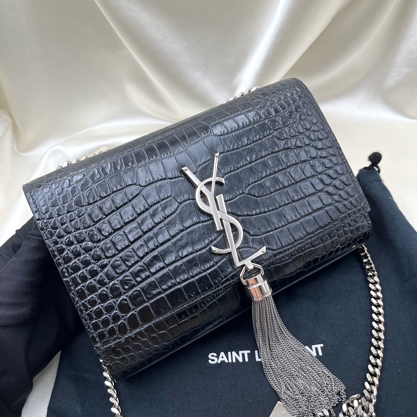 SAINT LAURENT Silver Fringe Bag 452159-DND1J-1000 Black Calfskin Cross Authentic