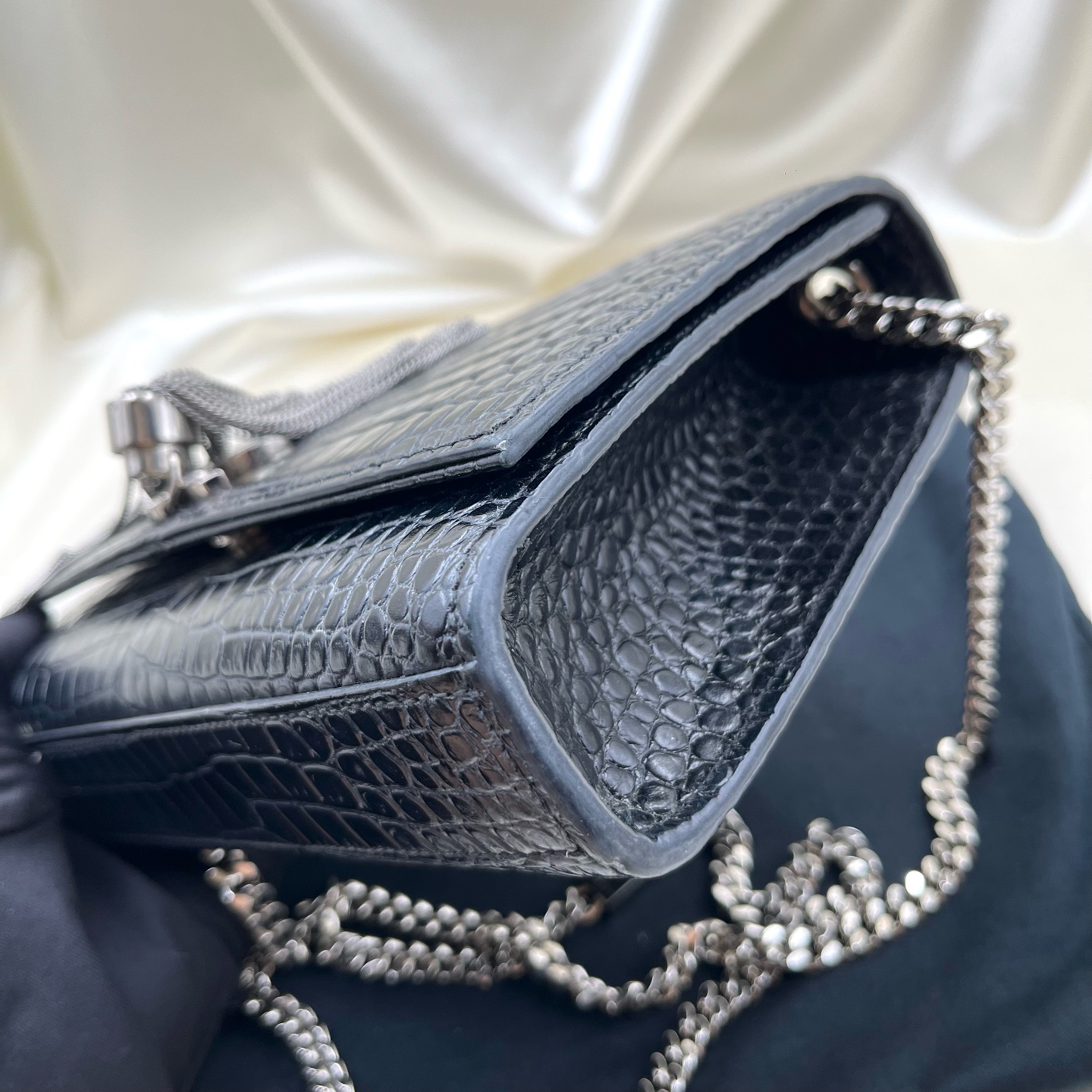 SAINT LAURENT Silver Fringe Bag 452159-DND1J-1000 Black Calfskin Cross Authentic - Image 4
